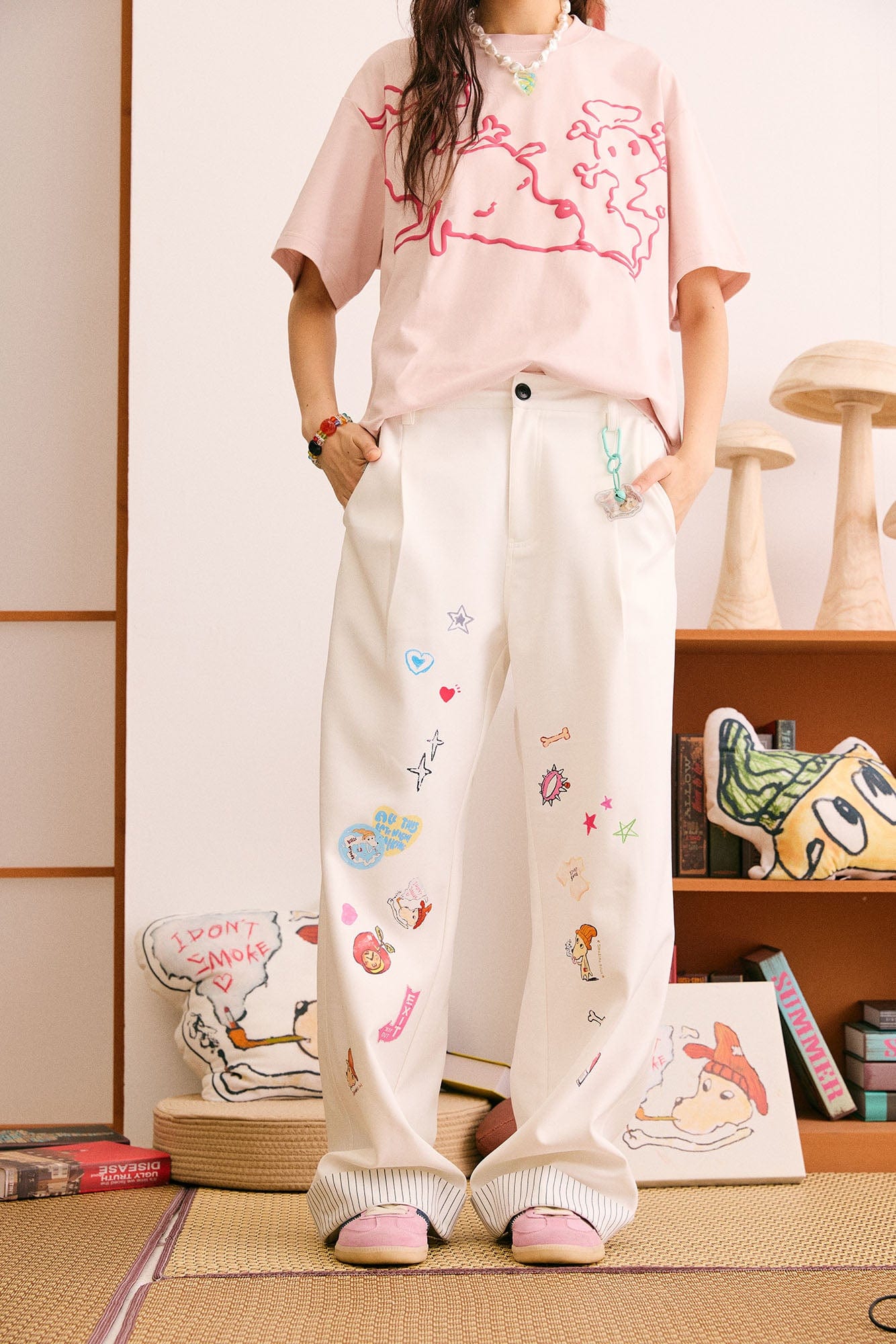 DONSMOKE Puppy Sticker Fold Striped Hem Trousers