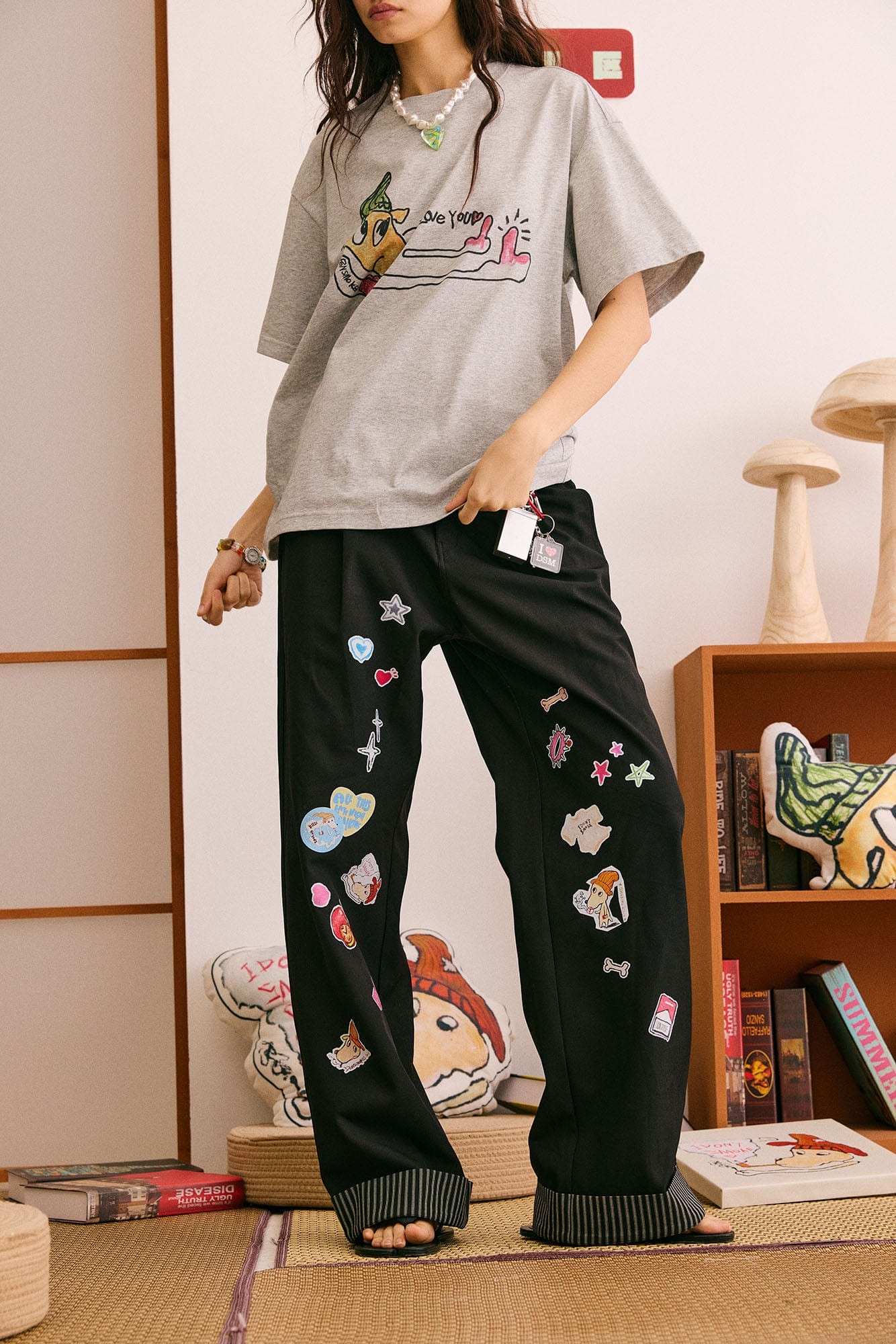 DONSMOKE Puppy Sticker Fold Striped Hem Trousers