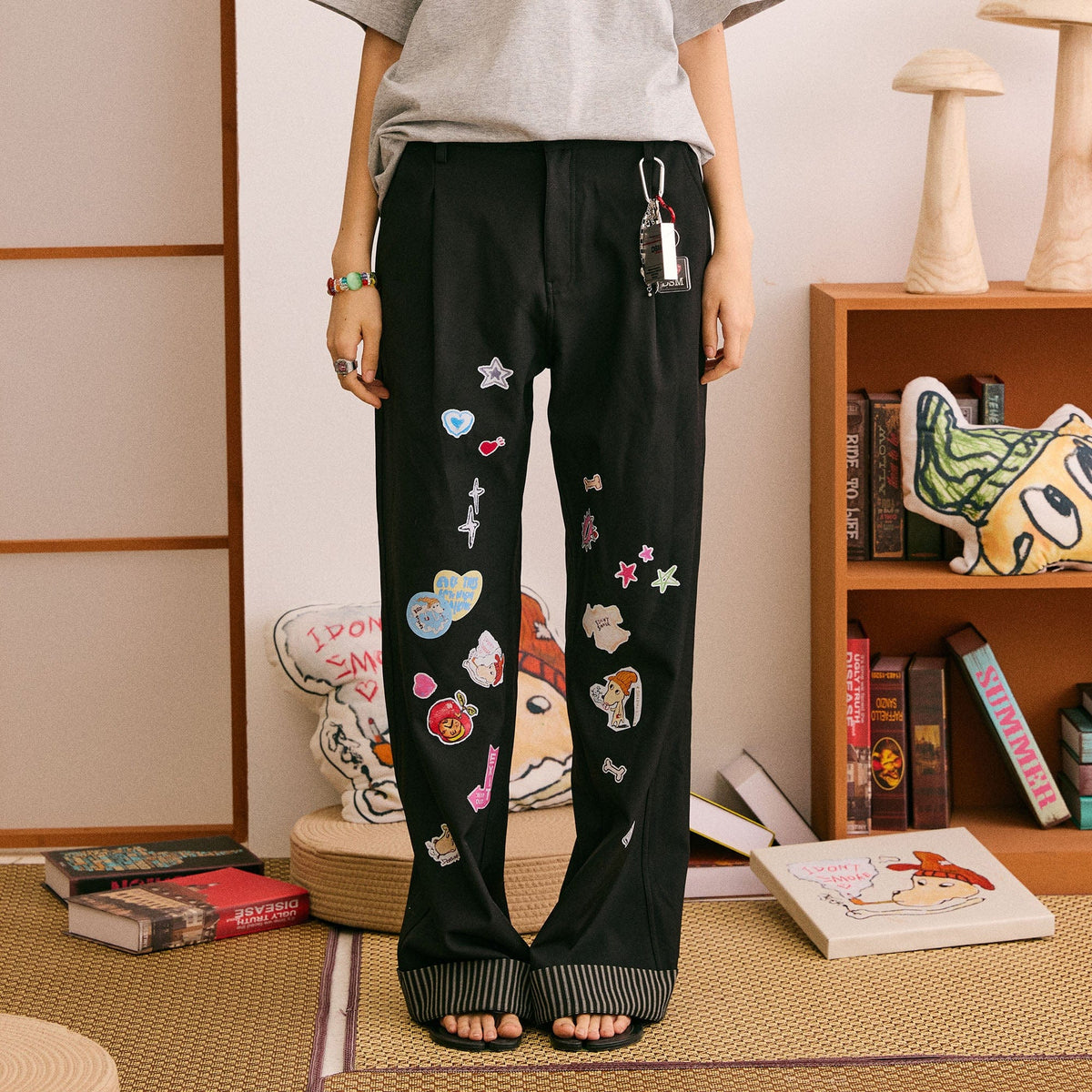 DONSMOKE Puppy Sticker Fold Striped Hem Trousers