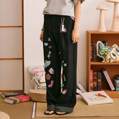 DONSMOKE Puppy Sticker Fold Striped Hem Trousers