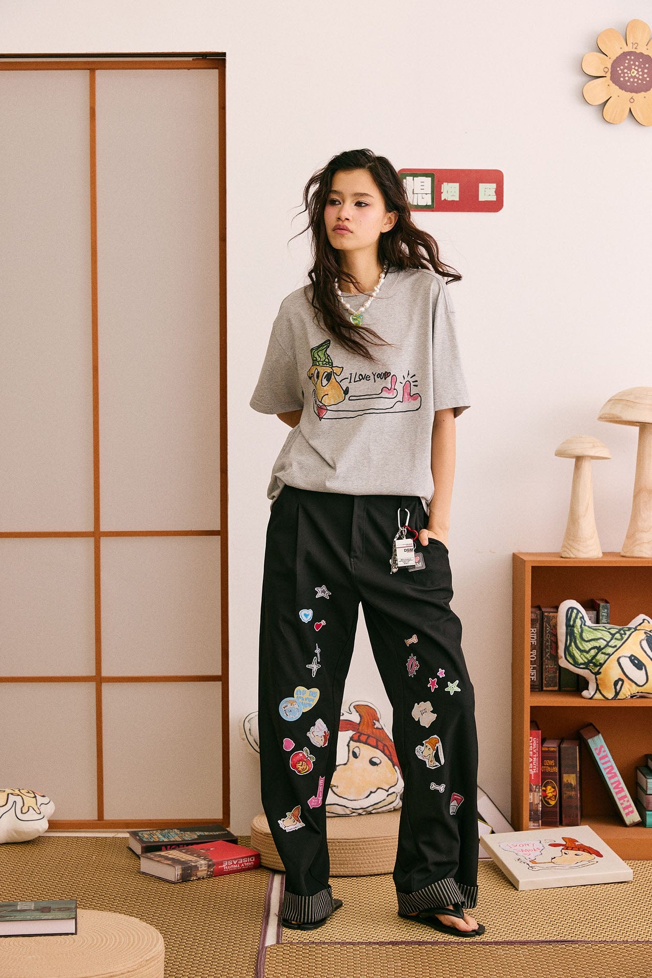 DONSMOKE Puppy Sticker Fold Striped Hem Trousers