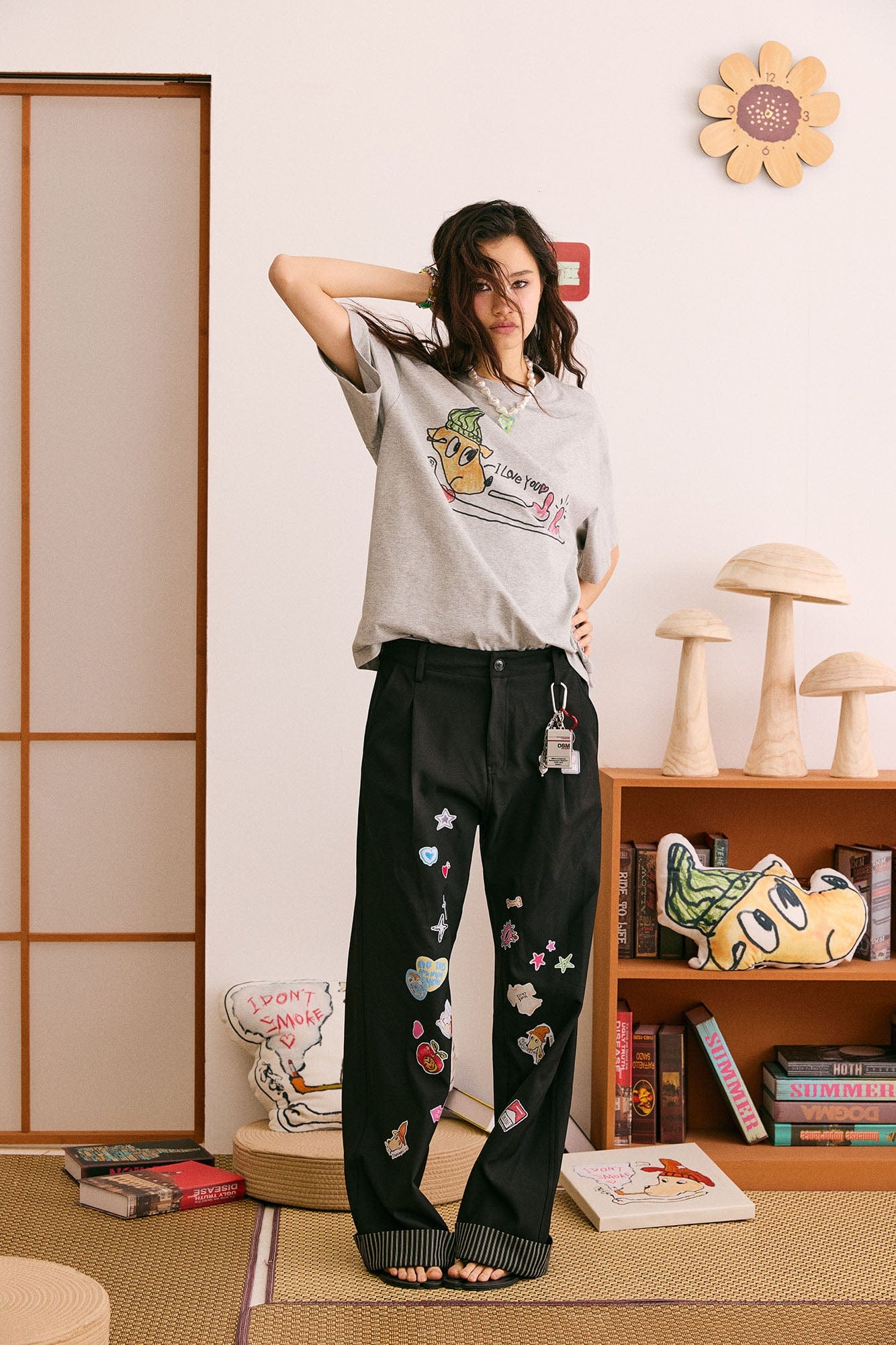 DONSMOKE Puppy Sticker Fold Striped Hem Trousers