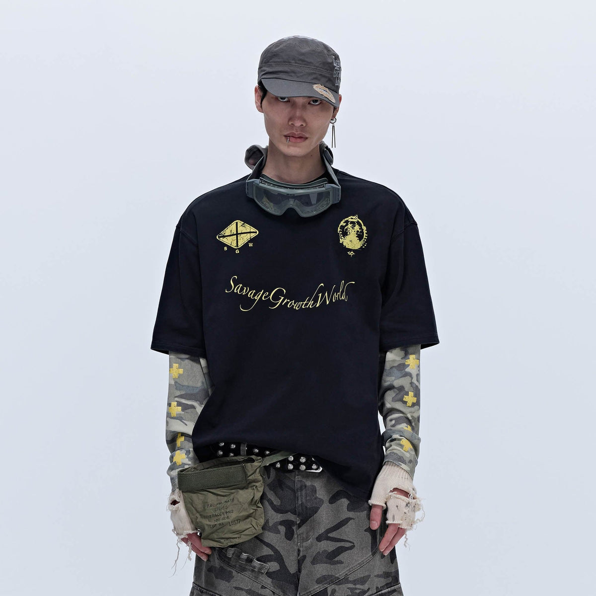 SAVAGEGROWTHWORLD No.5 Camo-Sleeve Layered Long-Sleeve T-Shirt