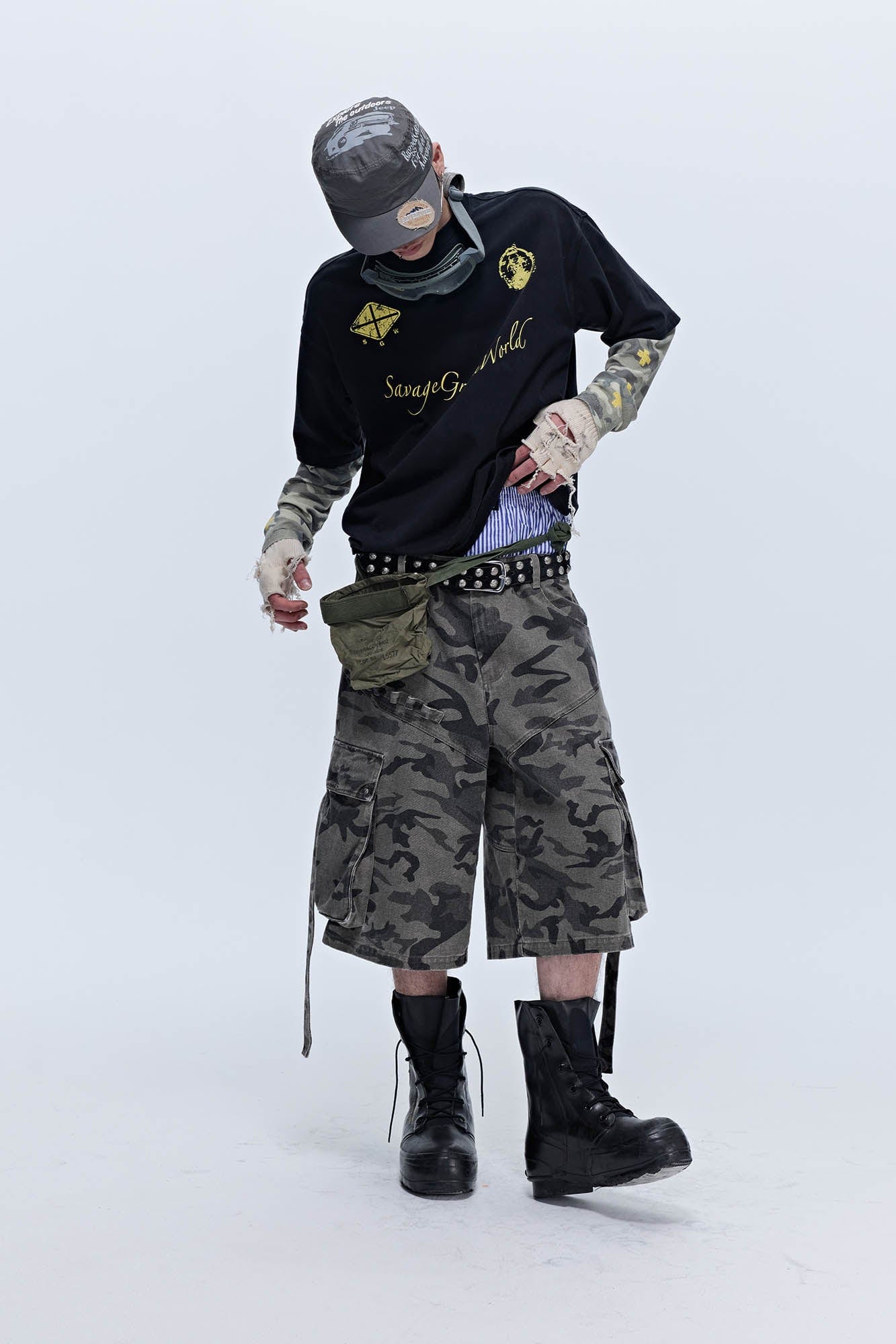 SAVAGEGROWTHWORLD No.5 Camo-Sleeve Layered Long-Sleeve T-Shirt