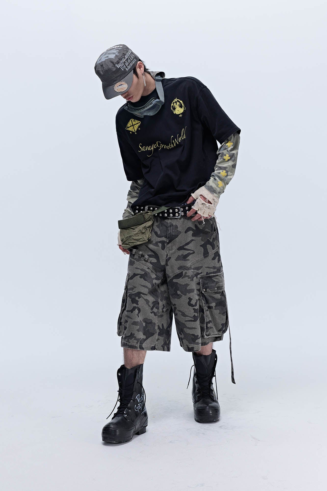 SAVAGEGROWTHWORLD No.5 Camo-Sleeve Layered Long-Sleeve T-Shirt