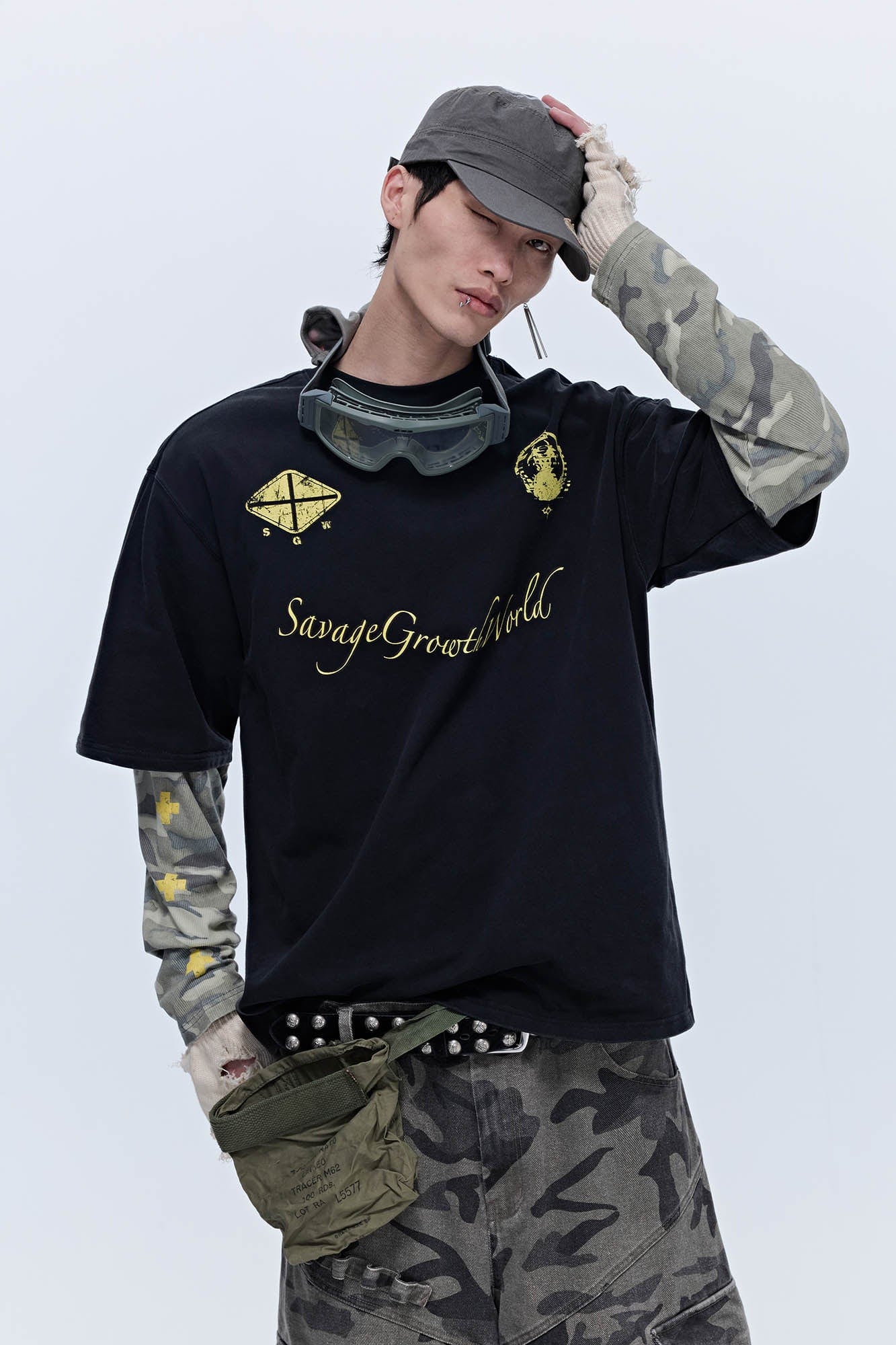 SAVAGEGROWTHWORLD No.5 Camo-Sleeve Layered Long-Sleeve T-Shirt