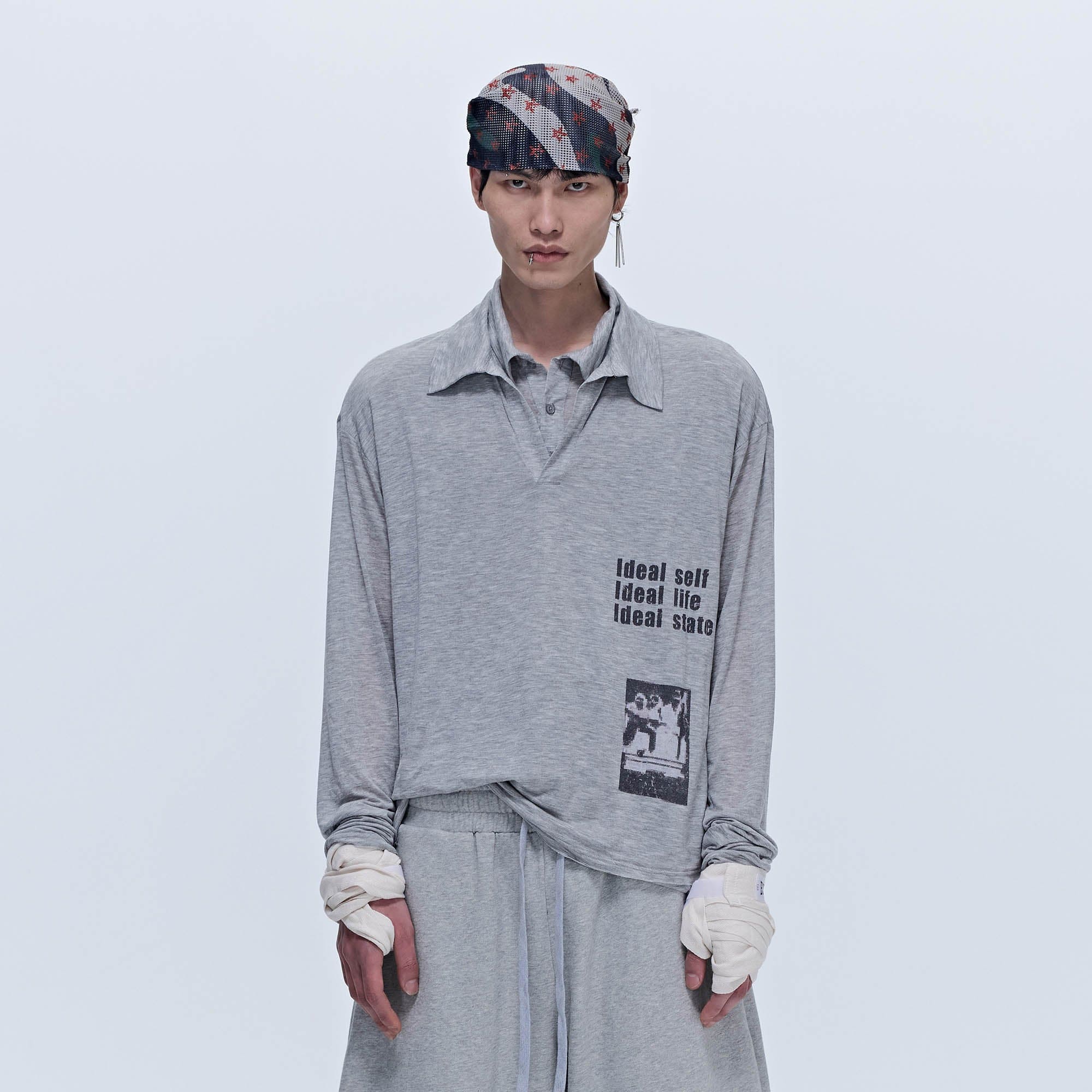SAVAGEGROWTHWORLD Layered-Collar Slogan Polo Long-Sleeve T-Shirt
