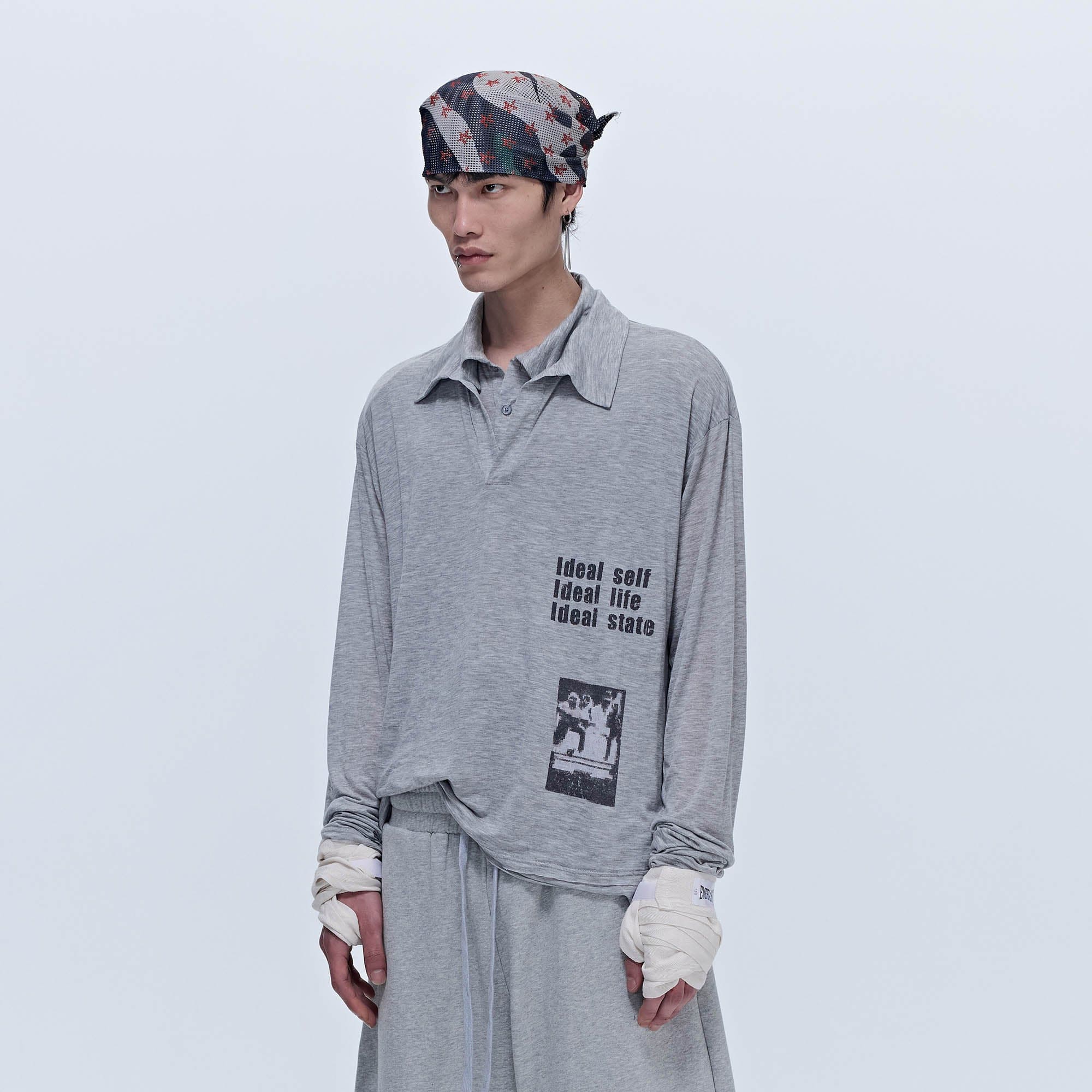 SAVAGEGROWTHWORLD Layered-Collar Slogan Polo Long-Sleeve T-Shirt