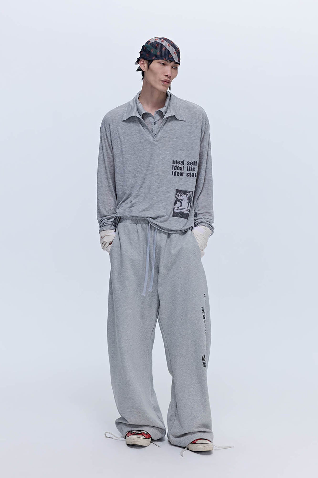 SAVAGEGROWTHWORLD Layered-Collar Slogan Polo Long-Sleeve T-Shirt