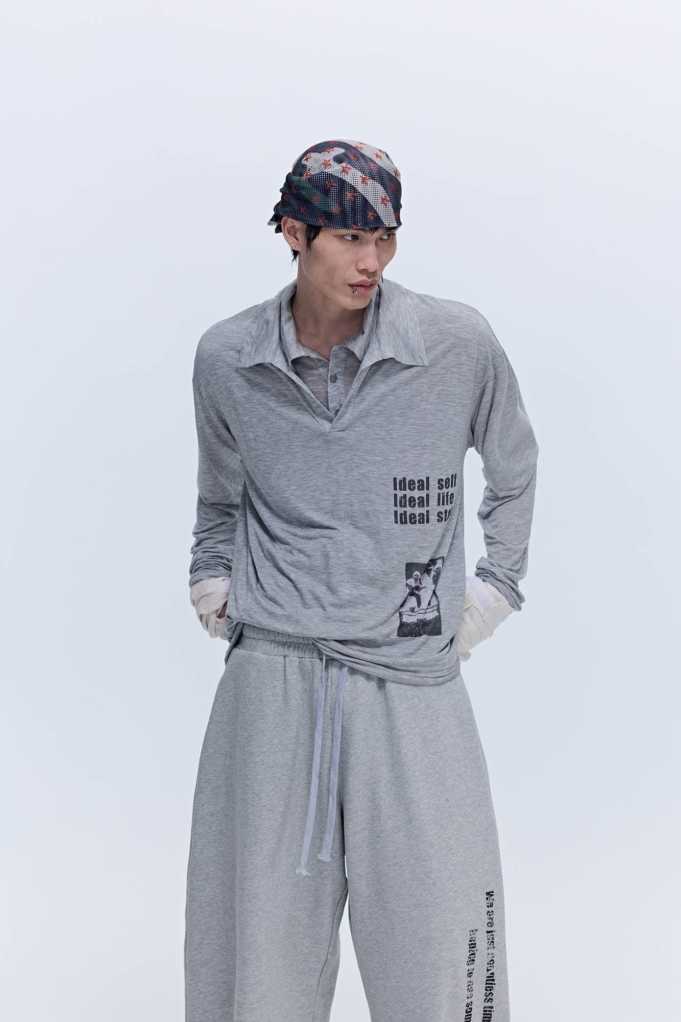 SAVAGEGROWTHWORLD Layered-Collar Slogan Polo Long-Sleeve T-Shirt