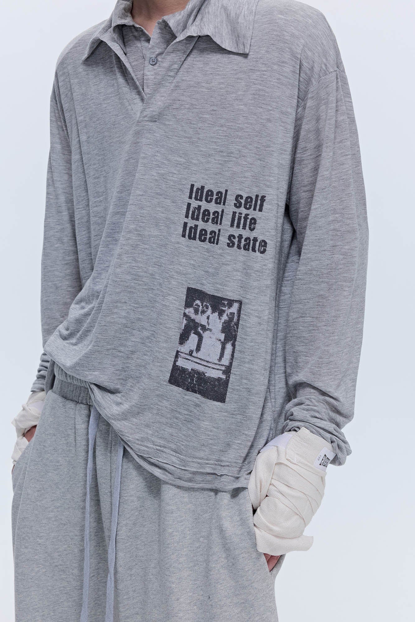 SAVAGEGROWTHWORLD Layered-Collar Slogan Polo Long-Sleeve T-Shirt