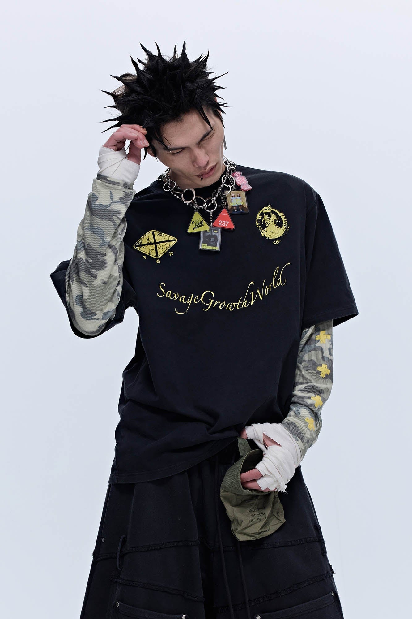 SAVAGEGROWTHWORLD No.5 Camo-Sleeve Layered Long-Sleeve T-Shirt