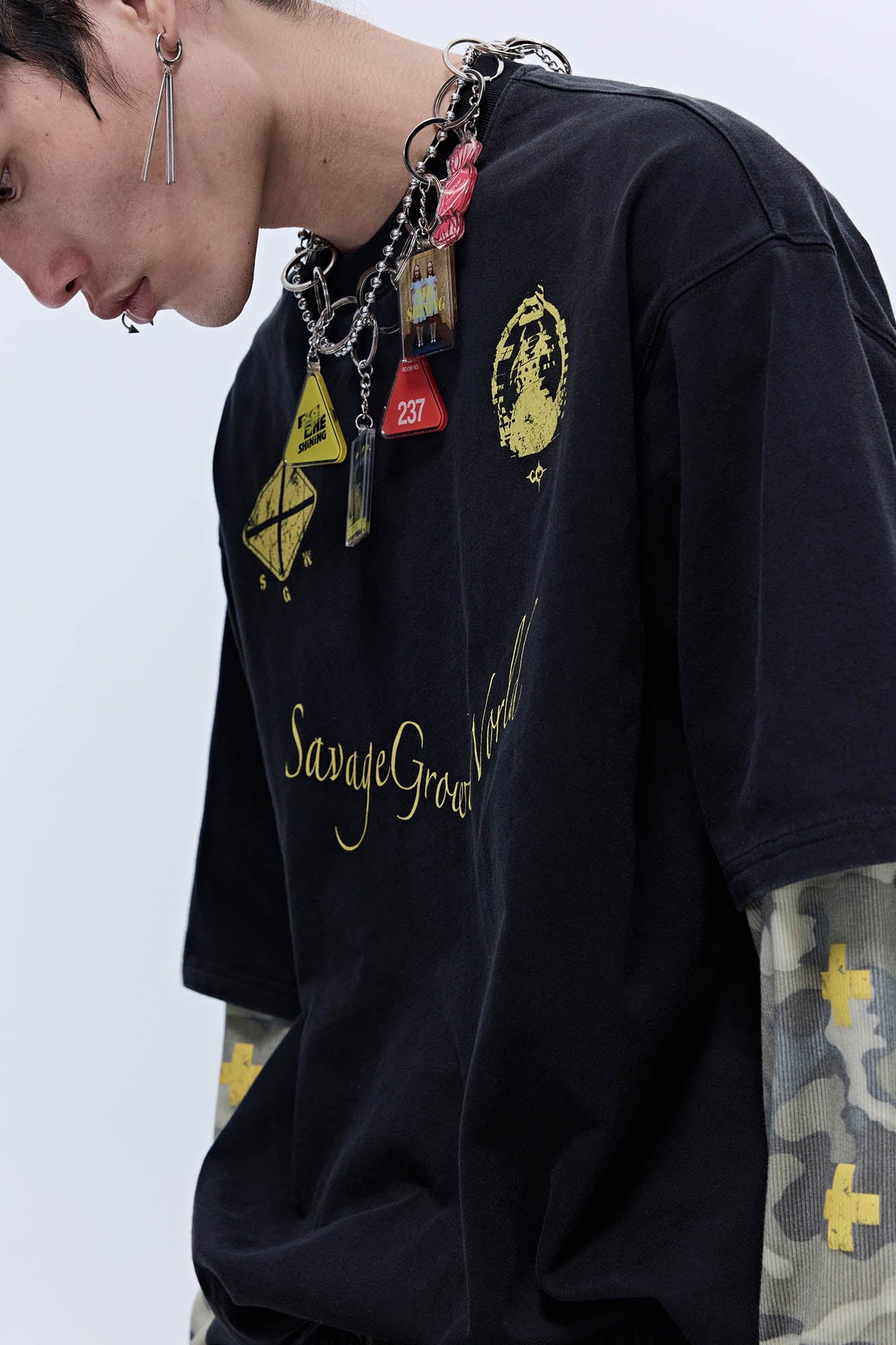 SAVAGEGROWTHWORLD No.5 Camo-Sleeve Layered Long-Sleeve T-Shirt