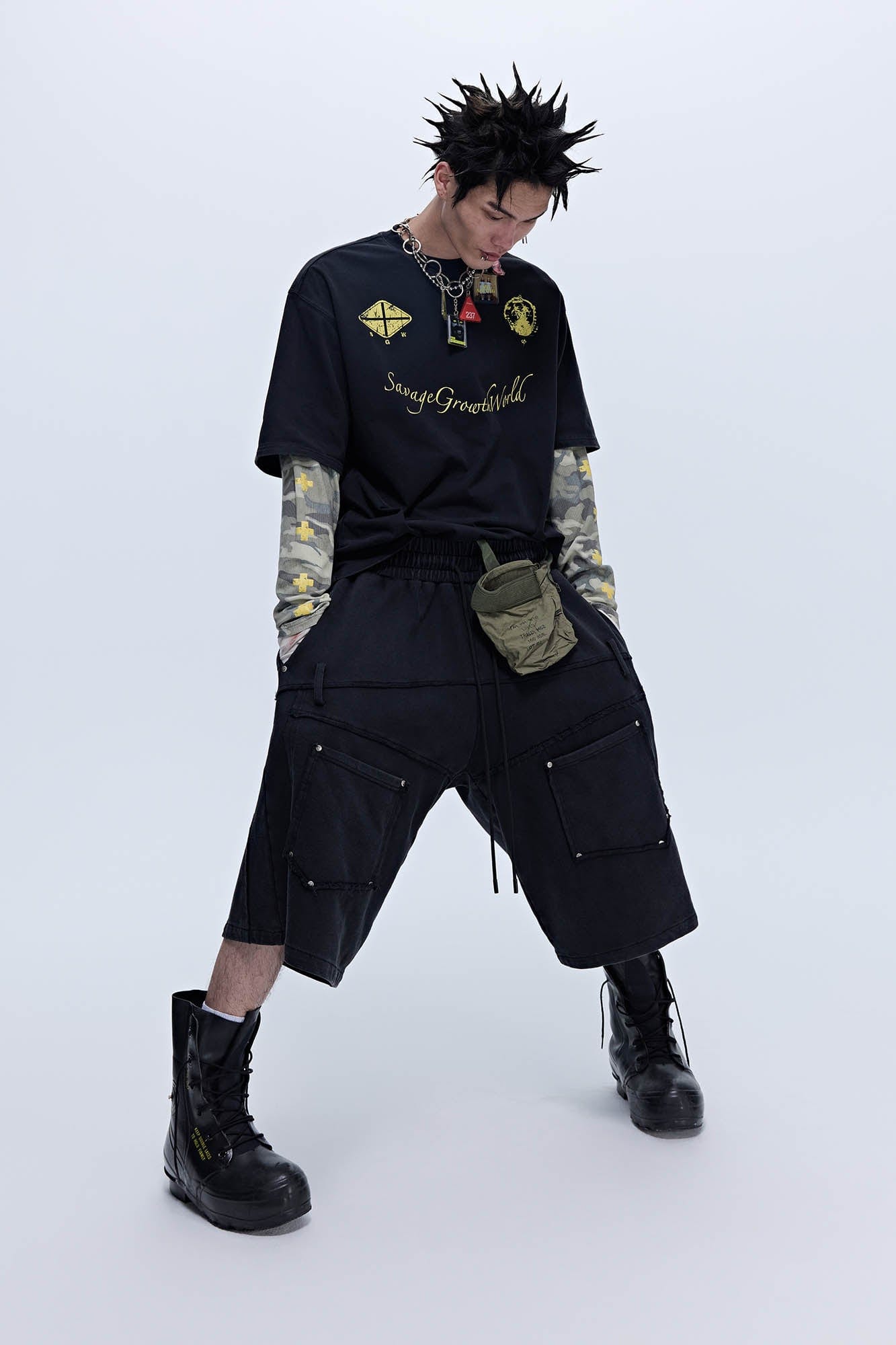SAVAGEGROWTHWORLD Slanted Spliced Drawstring Baggy Shorts