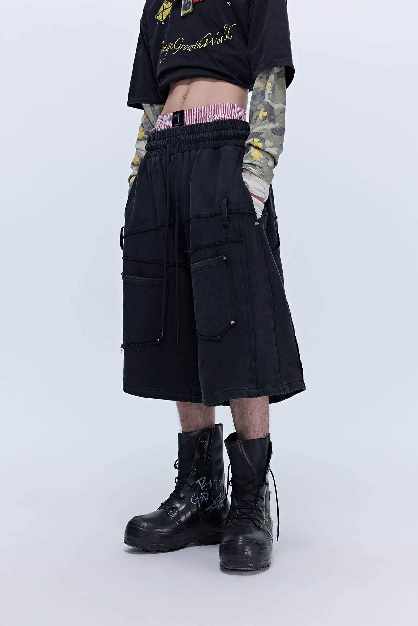 SAVAGEGROWTHWORLD Slanted Spliced Drawstring Baggy Shorts