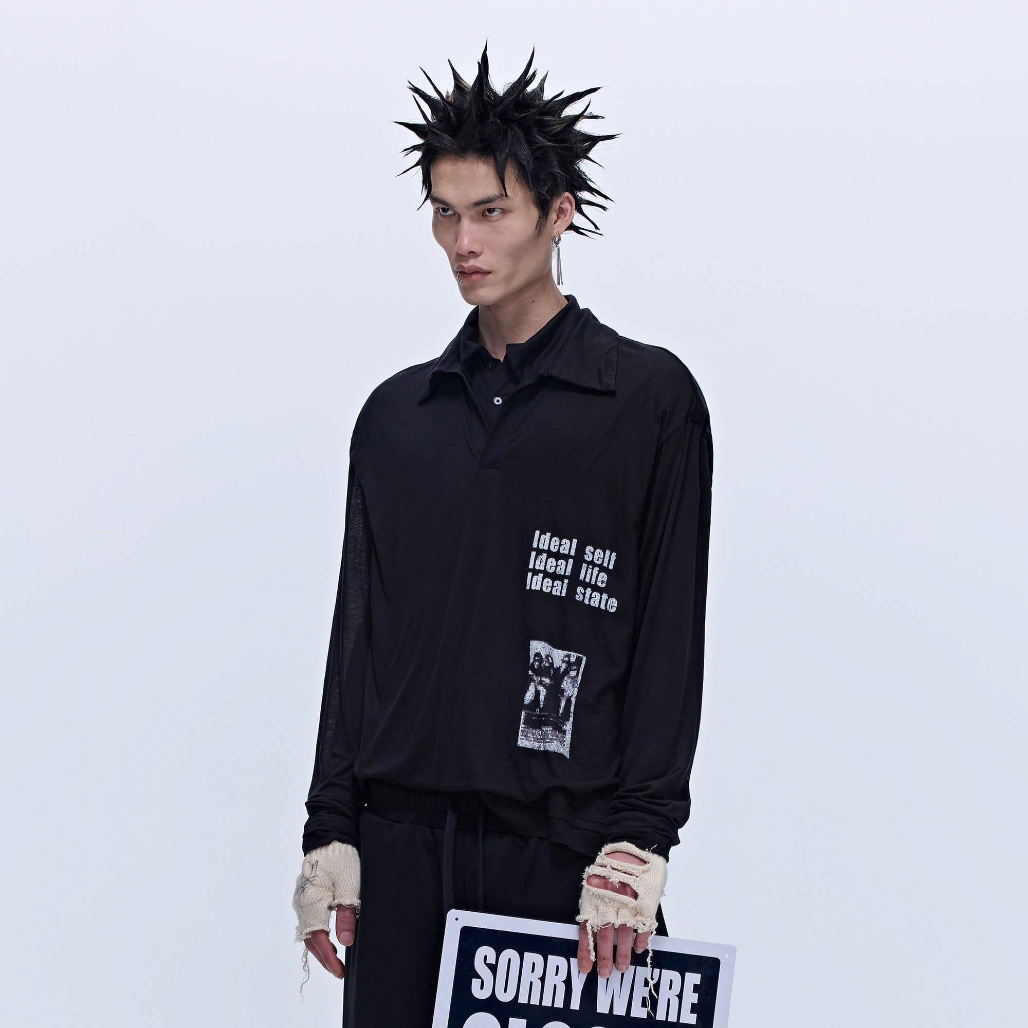 SAVAGEGROWTHWORLD Layered-Collar Slogan Polo Long-Sleeve T-Shirt