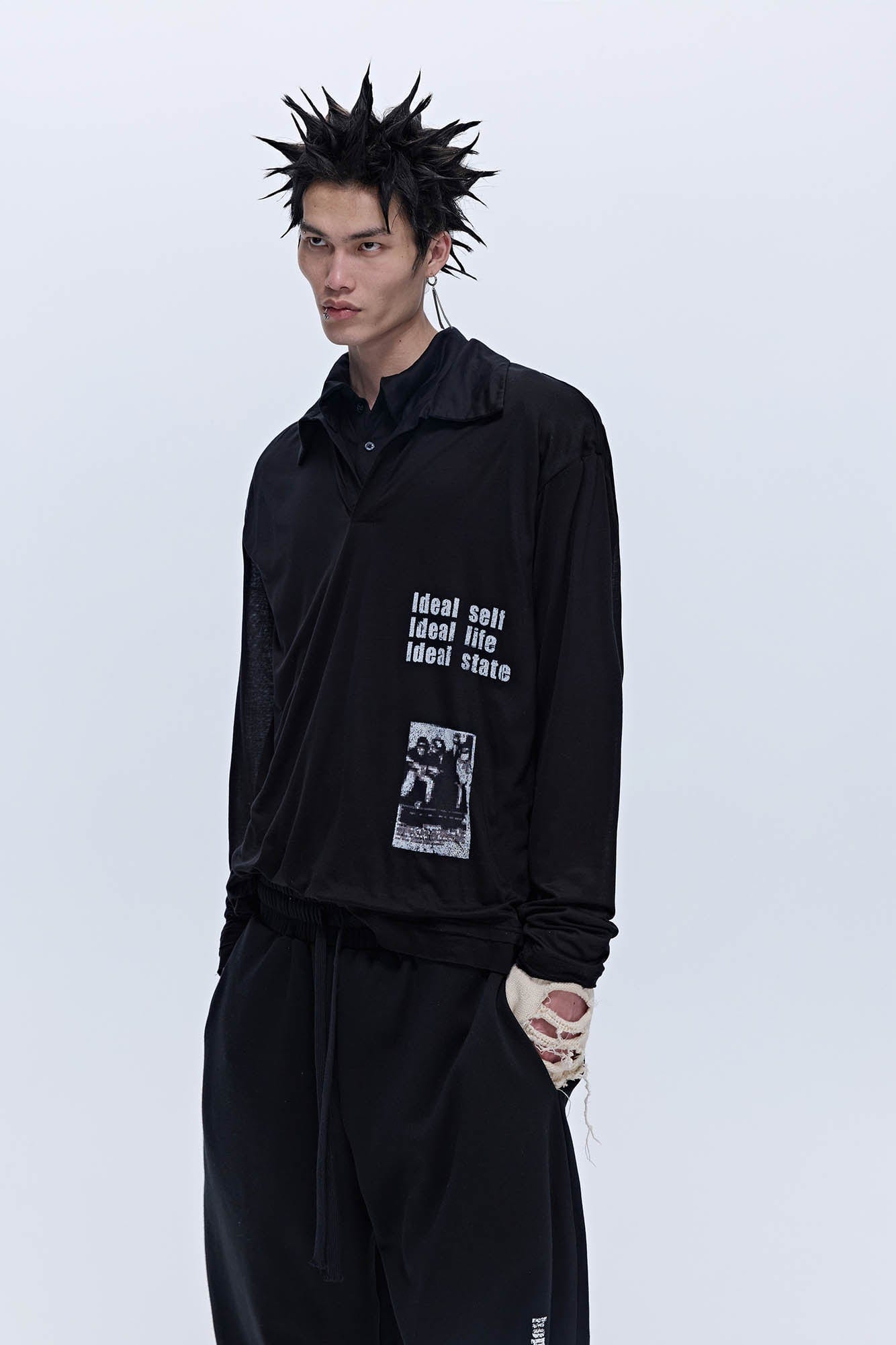 SAVAGEGROWTHWORLD Layered-Collar Slogan Polo Long-Sleeve T-Shirt