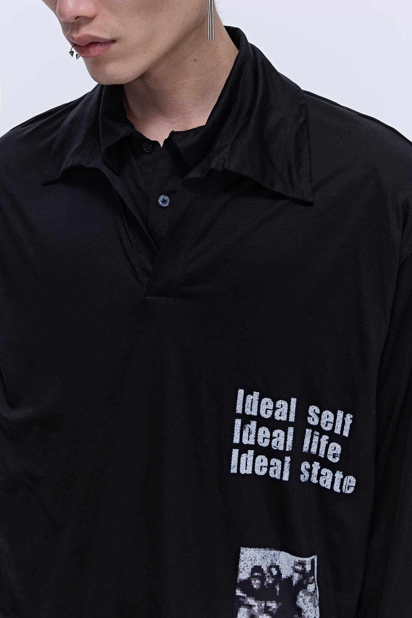 SAVAGEGROWTHWORLD Layered-Collar Slogan Polo Long-Sleeve T-Shirt