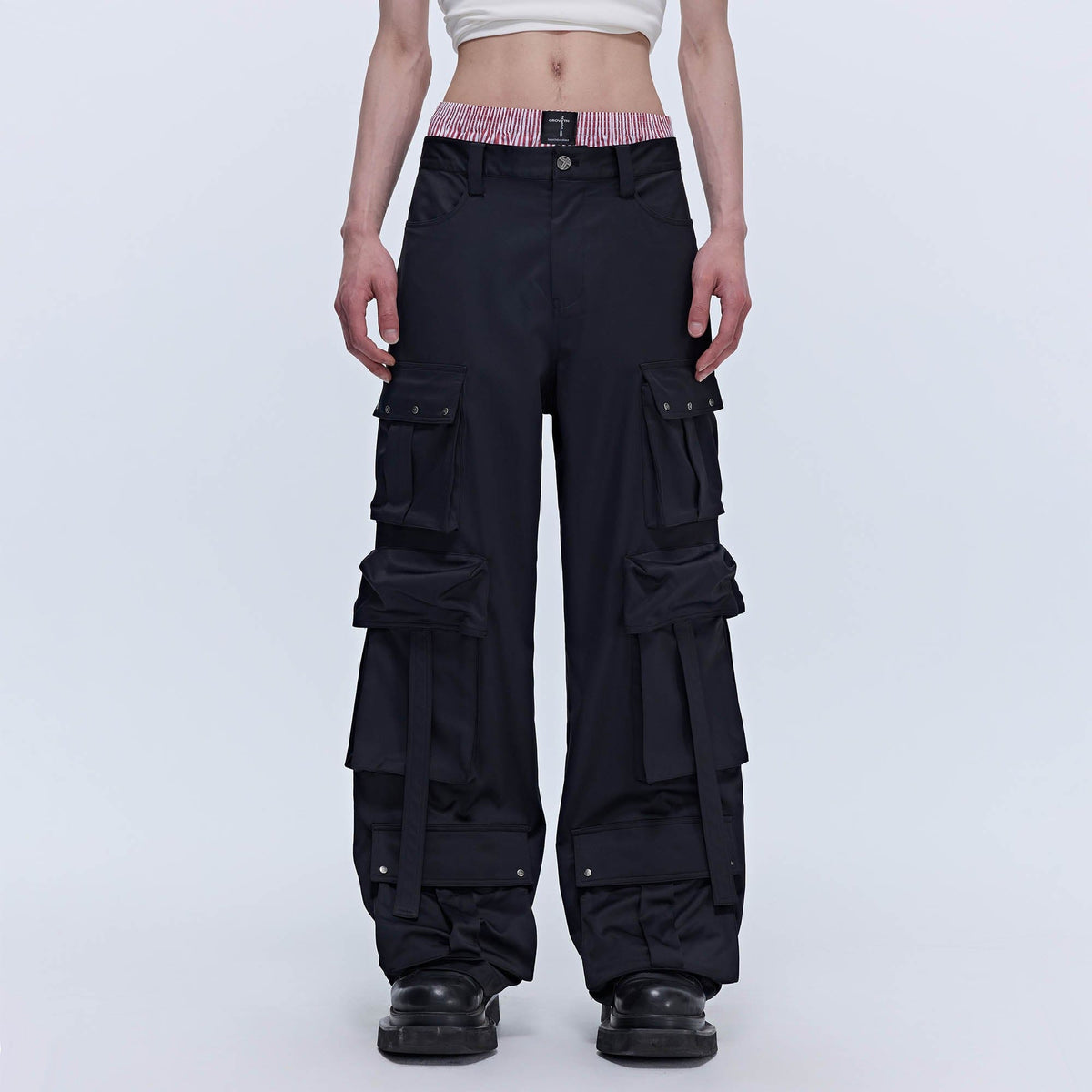SAVAGEGROWTHWORLD Multi-Pocket Satin Straight-Leg Pants
