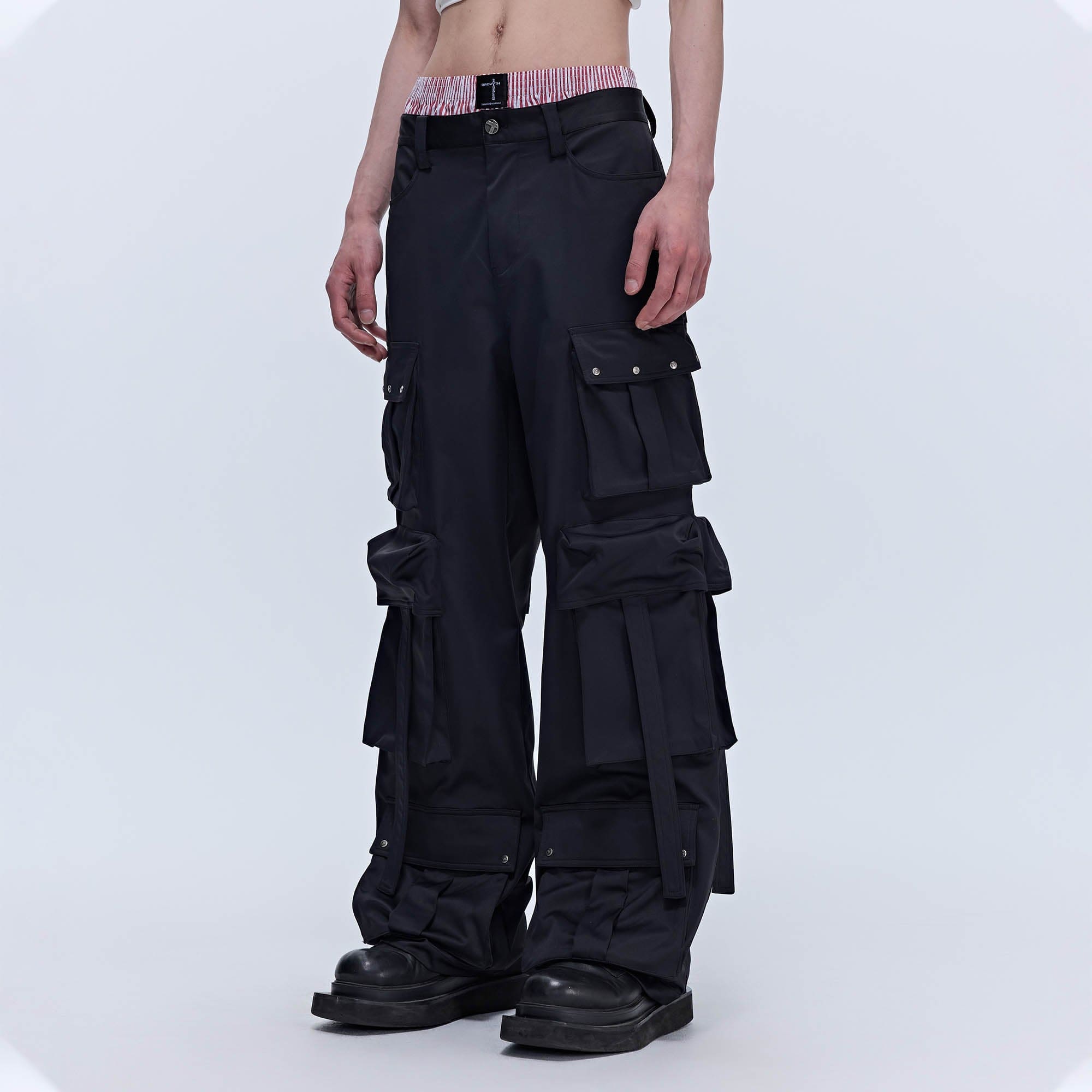 SAVAGEGROWTHWORLD Multi-Pocket Satin Straight-Leg Pants