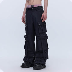 SAVAGEGROWTHWORLD Multi-Pocket Satin Straight-Leg Pants
