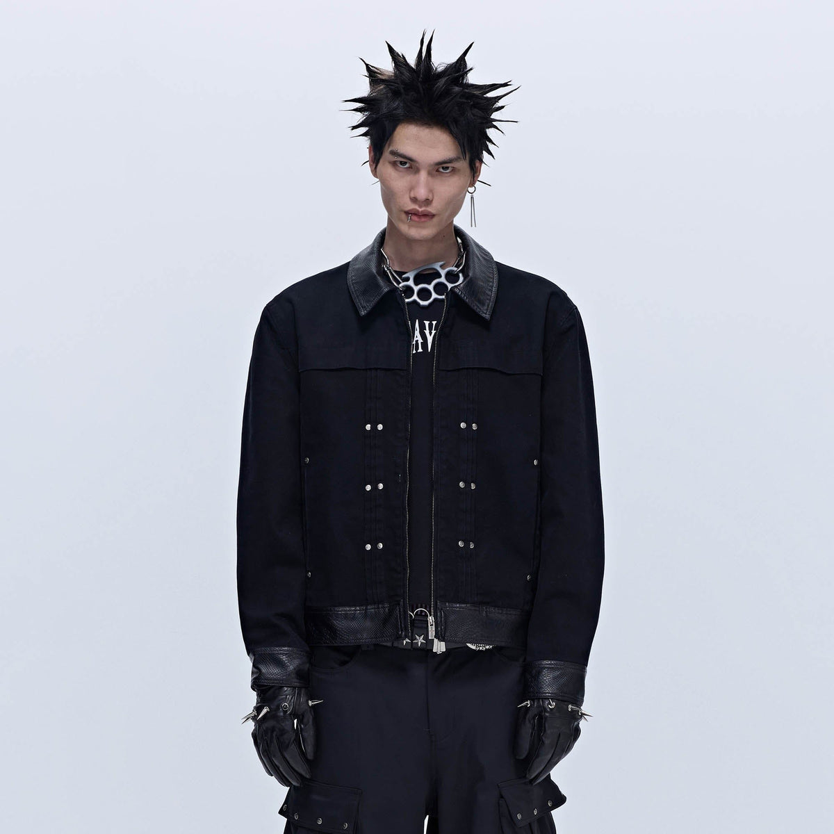 SAVAGEGROWTHWORLD Rivet Faux Leather Paneled Detroit Jacket