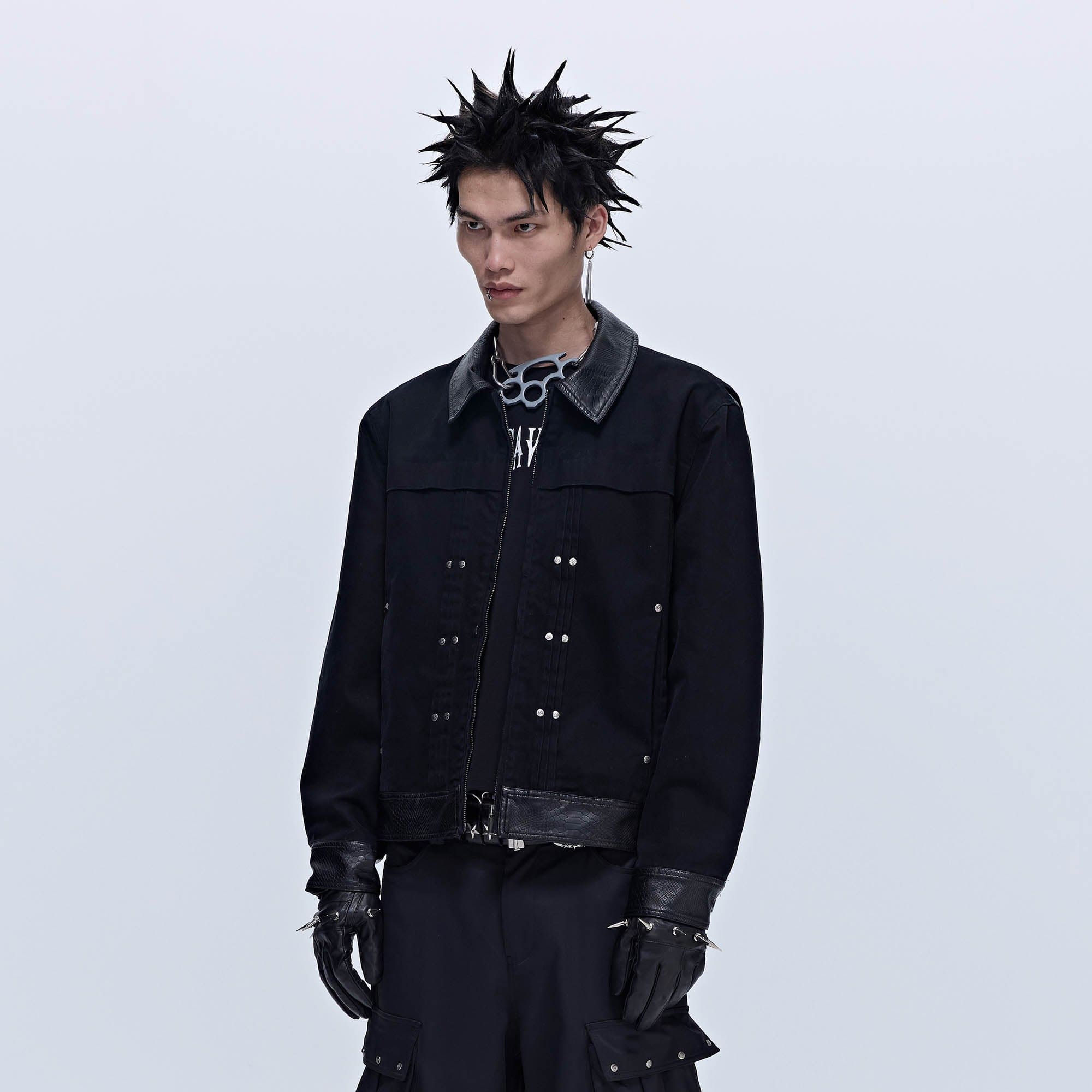 SAVAGEGROWTHWORLD Rivet Faux Leather Paneled Detroit Jacket