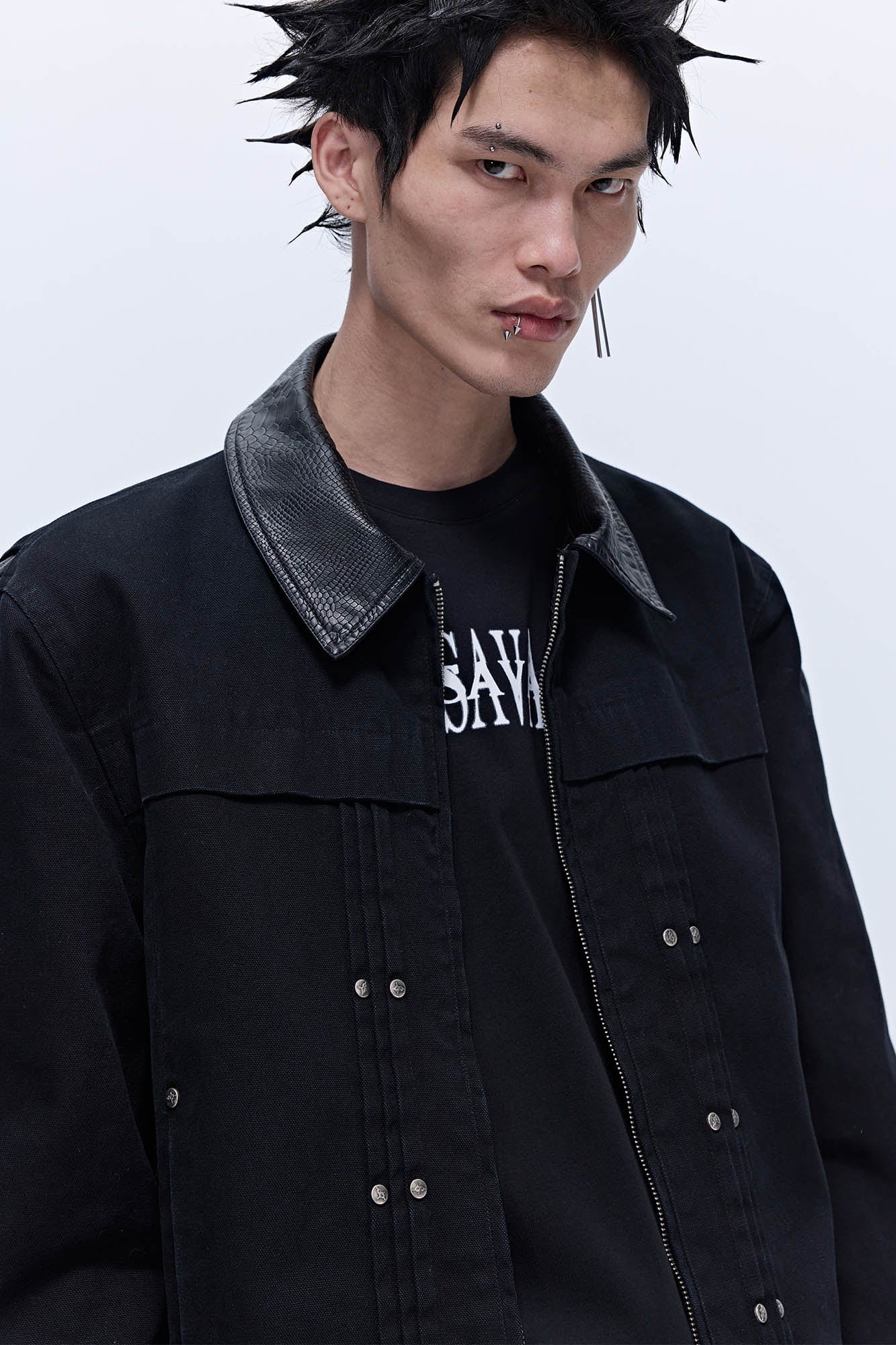 SAVAGEGROWTHWORLD Rivet Faux Leather Paneled Detroit Jacket