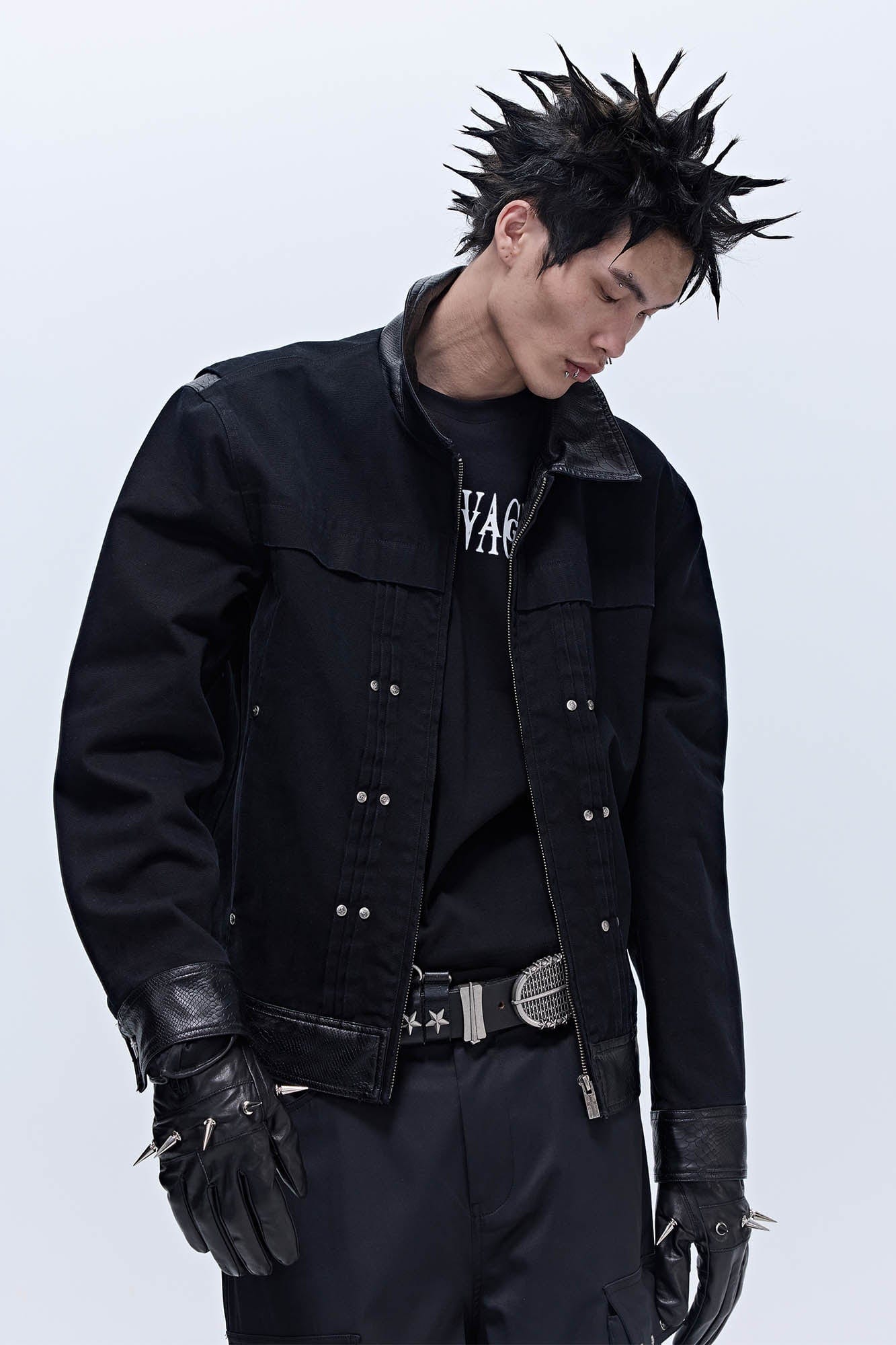 SAVAGEGROWTHWORLD Rivet Faux Leather Paneled Detroit Jacket
