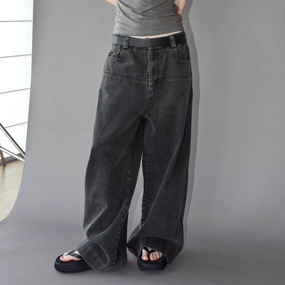 49PERCENT Washed Front Spliced Wide-Leg Jeans