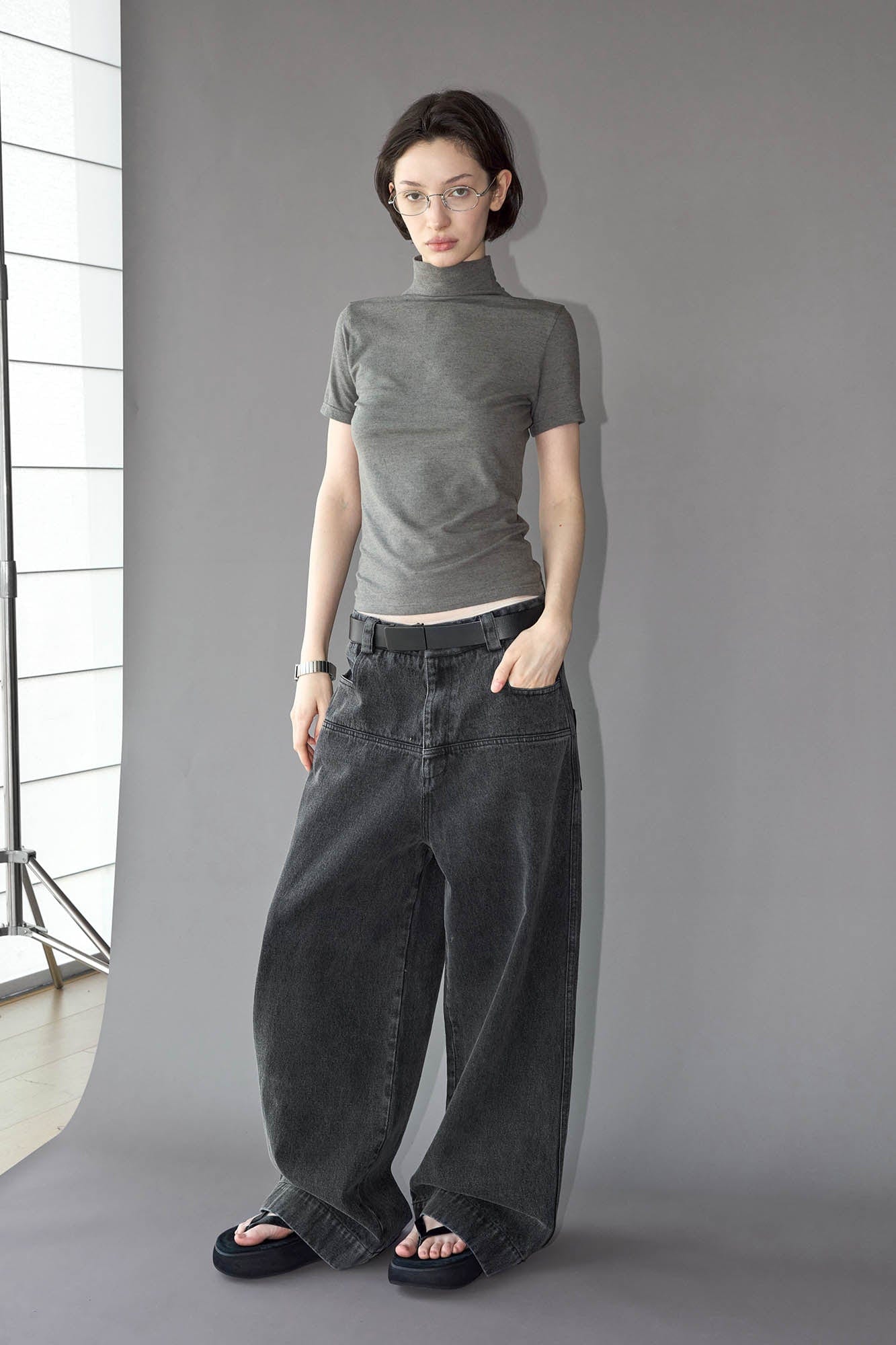 49PERCENT Washed Front Spliced Wide-Leg Jeans