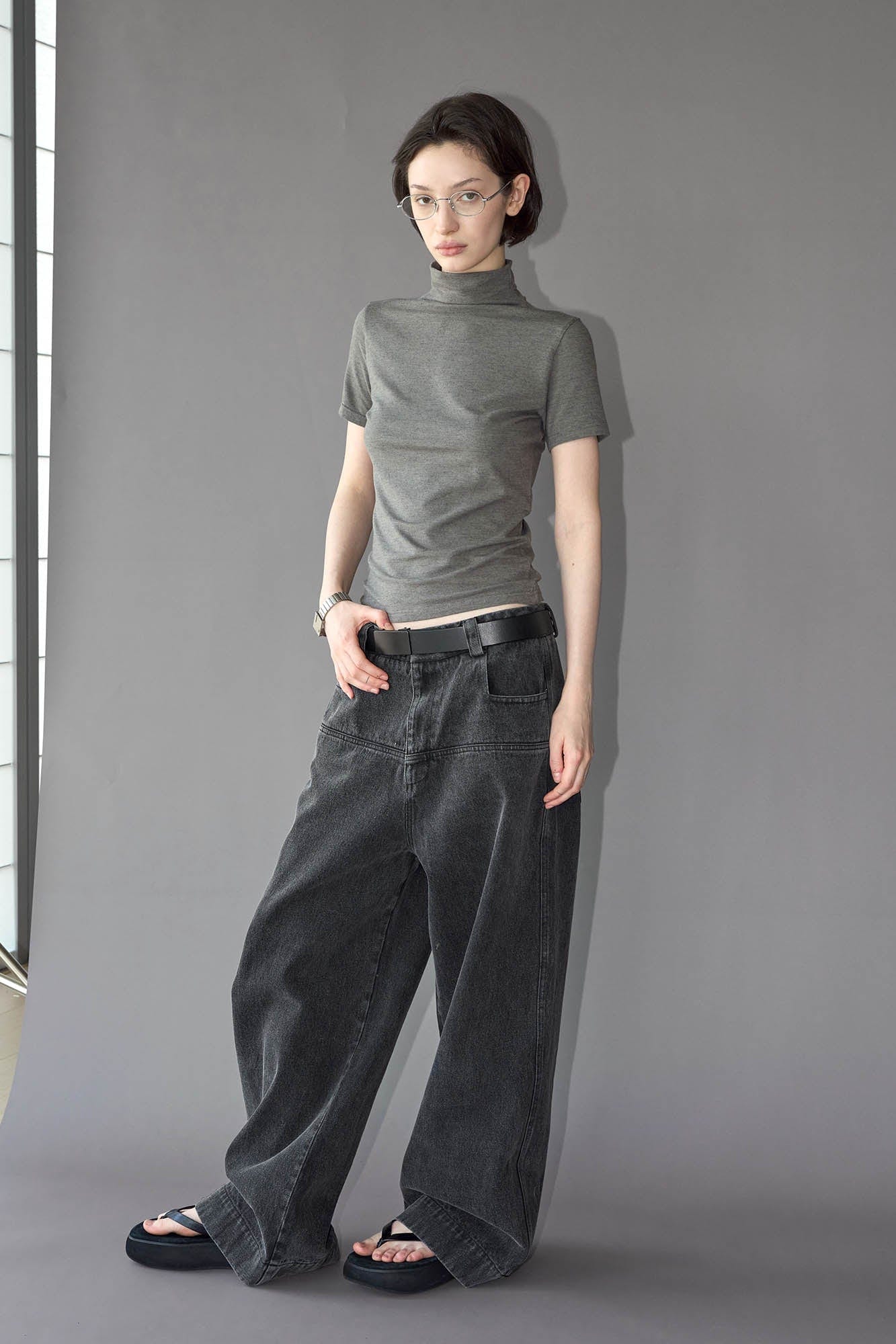 49PERCENT Washed Front Spliced Wide-Leg Jeans