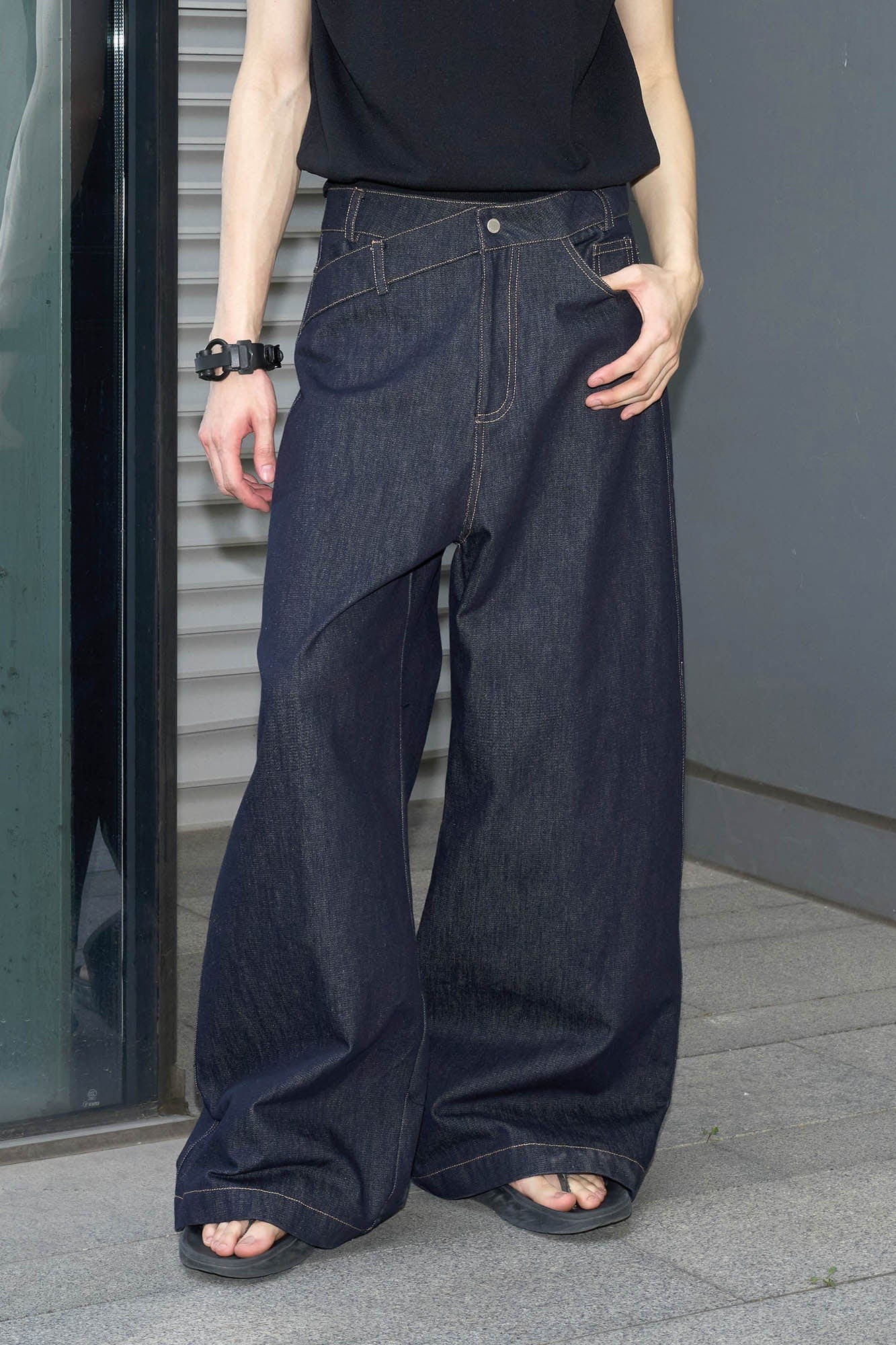 49PERCENT Asymmetrical Waist Raw Wide-Leg Jeans