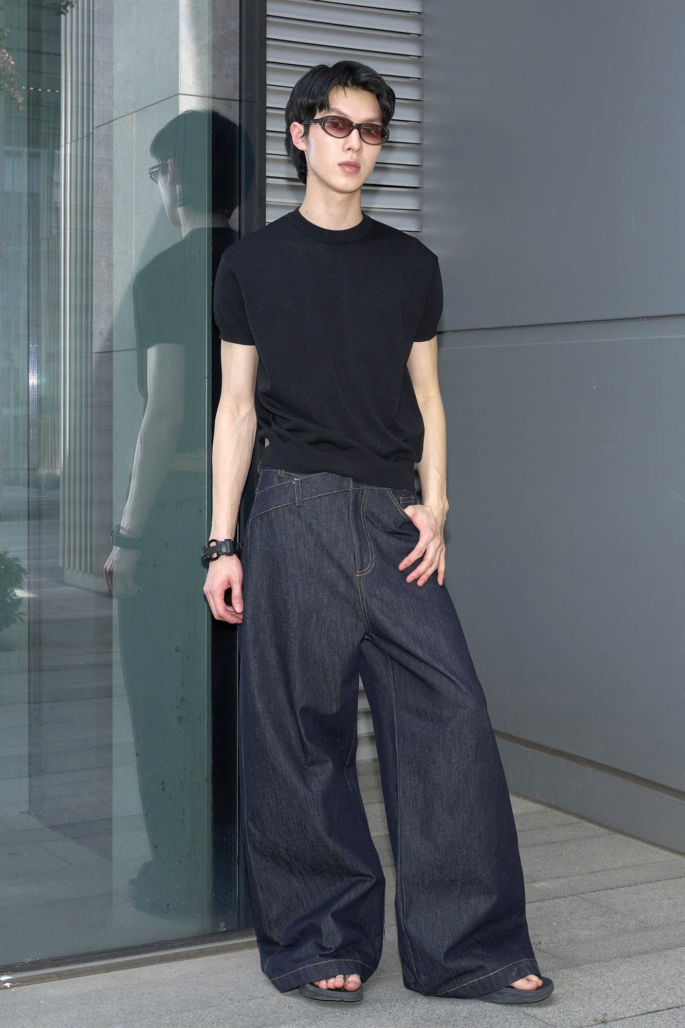 49PERCENT Asymmetrical Waist Raw Wide-Leg Jeans
