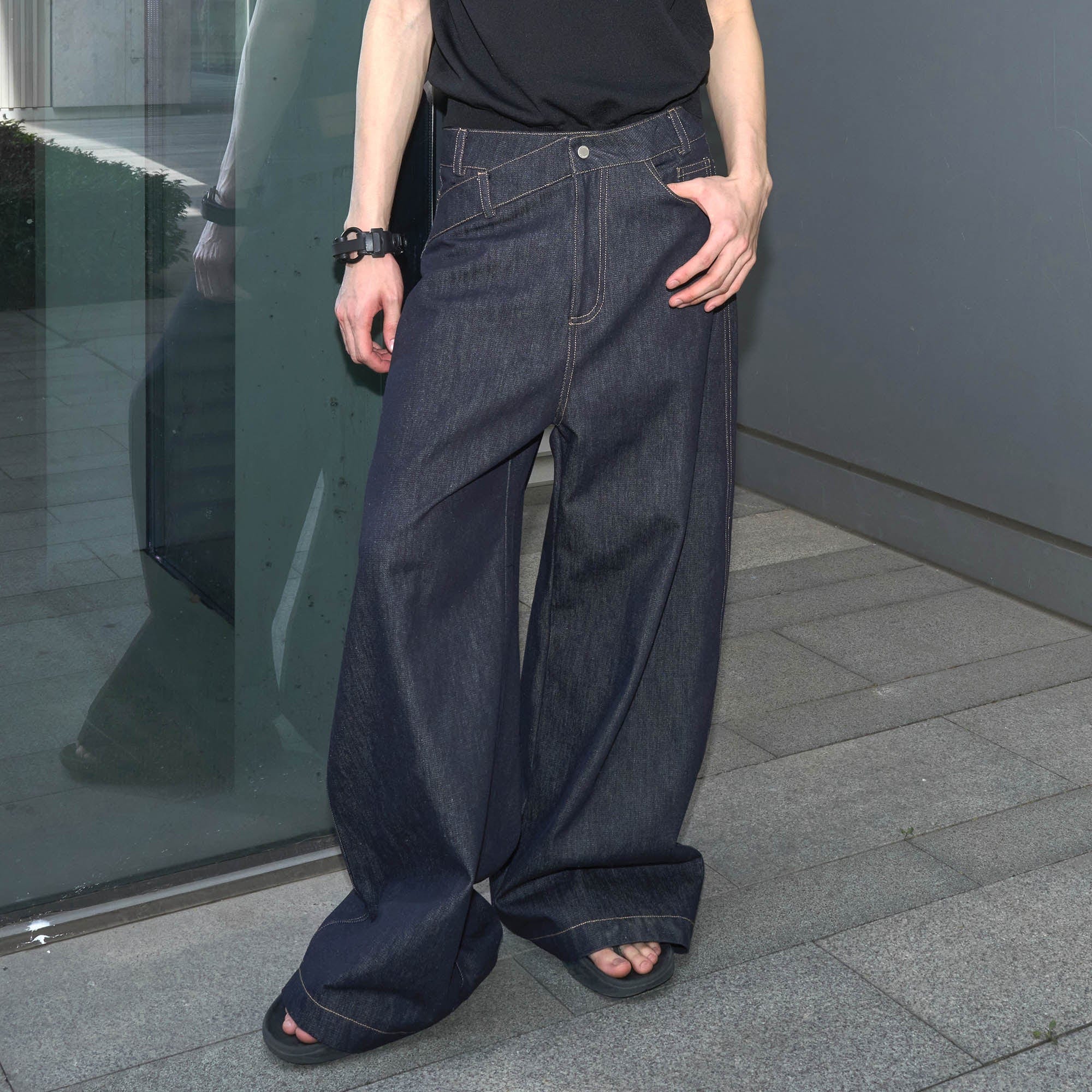 49PERCENT Asymmetrical Waist Raw Wide-Leg Jeans
