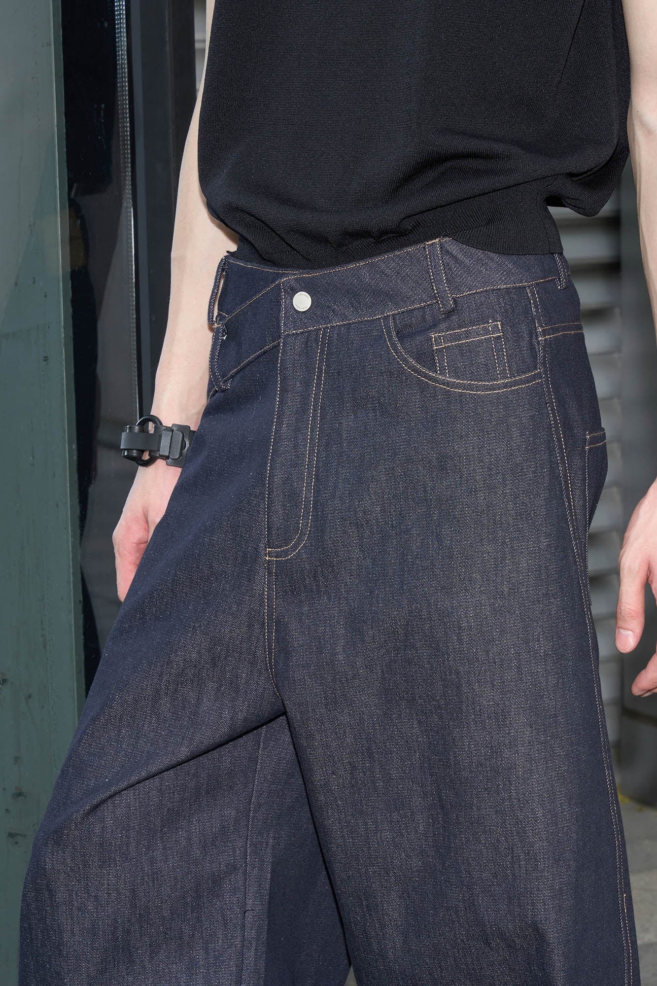 49PERCENT Asymmetrical Waist Raw Wide-Leg Jeans