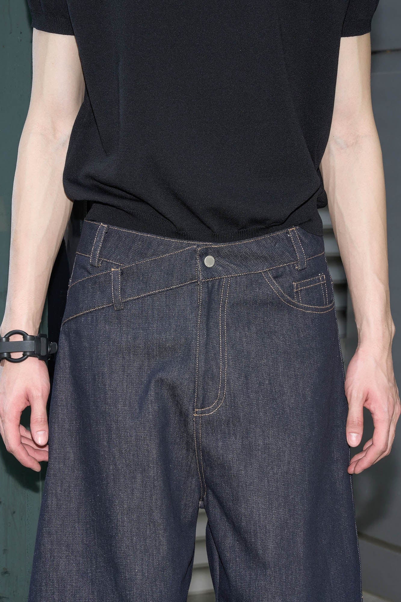 49PERCENT Asymmetrical Waist Raw Wide-Leg Jeans