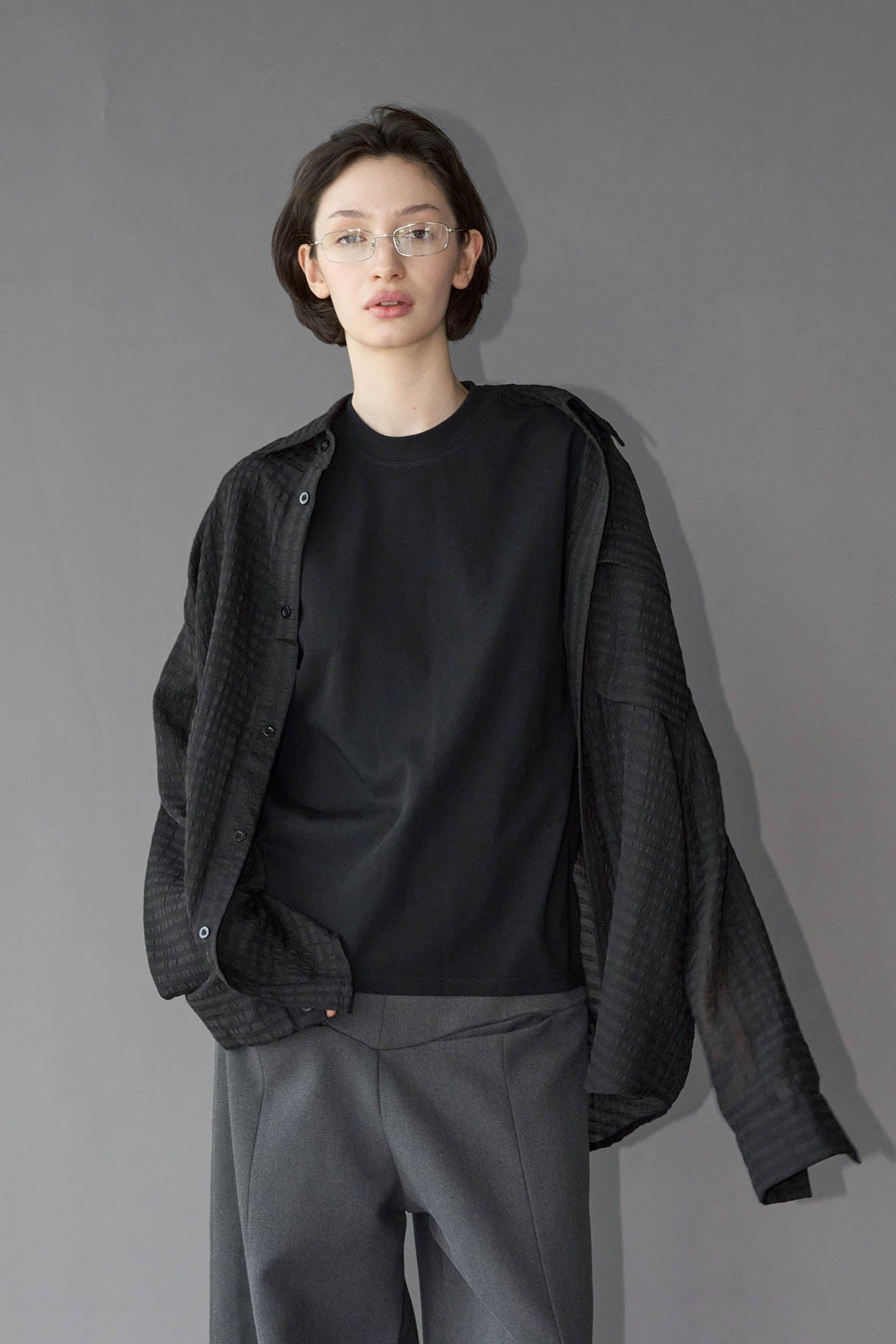 49PERCENT Sheer Textured Grid Oversized Shirt