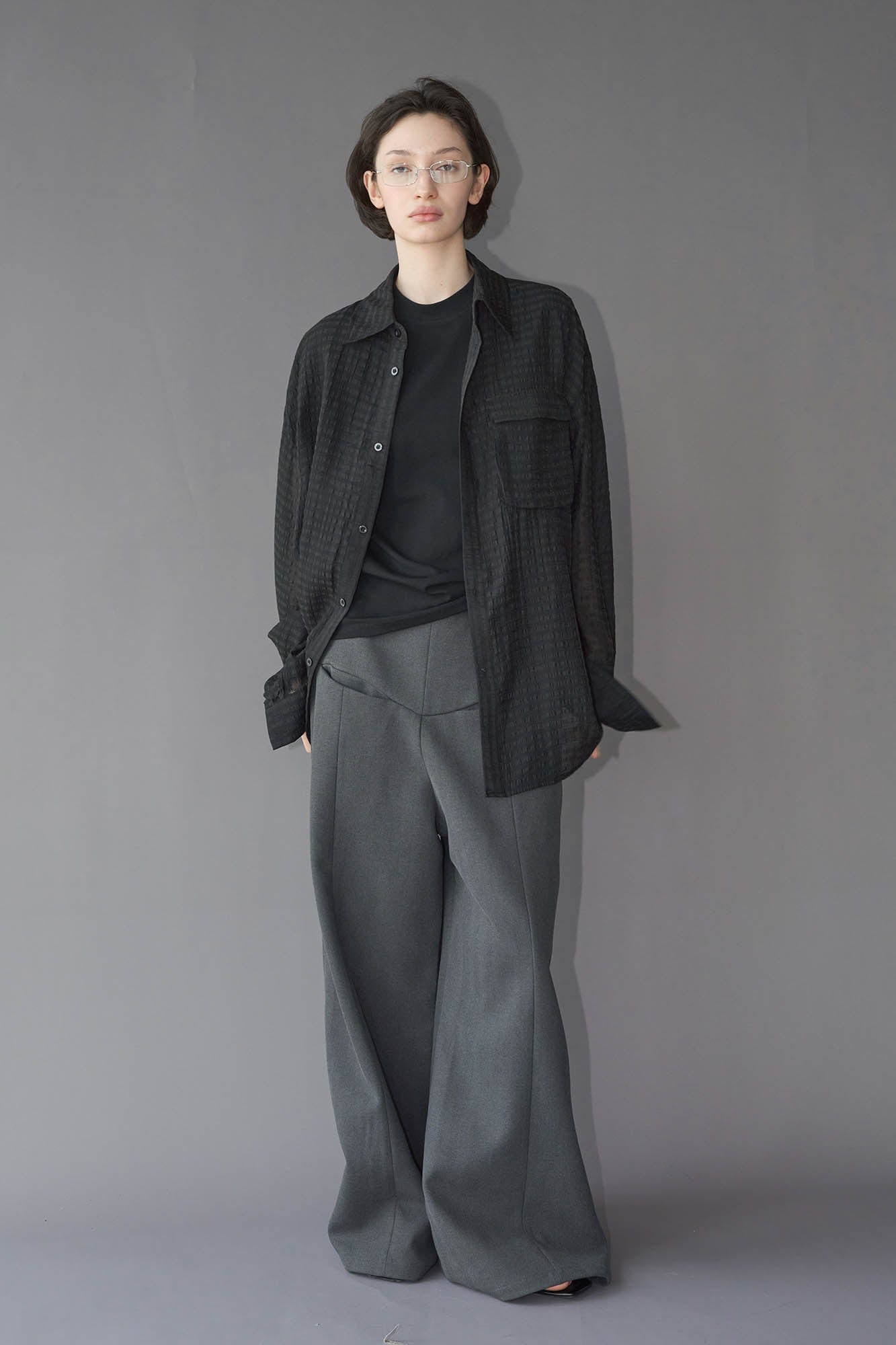 49PERCENT Sheer Textured Grid Oversized Shirt