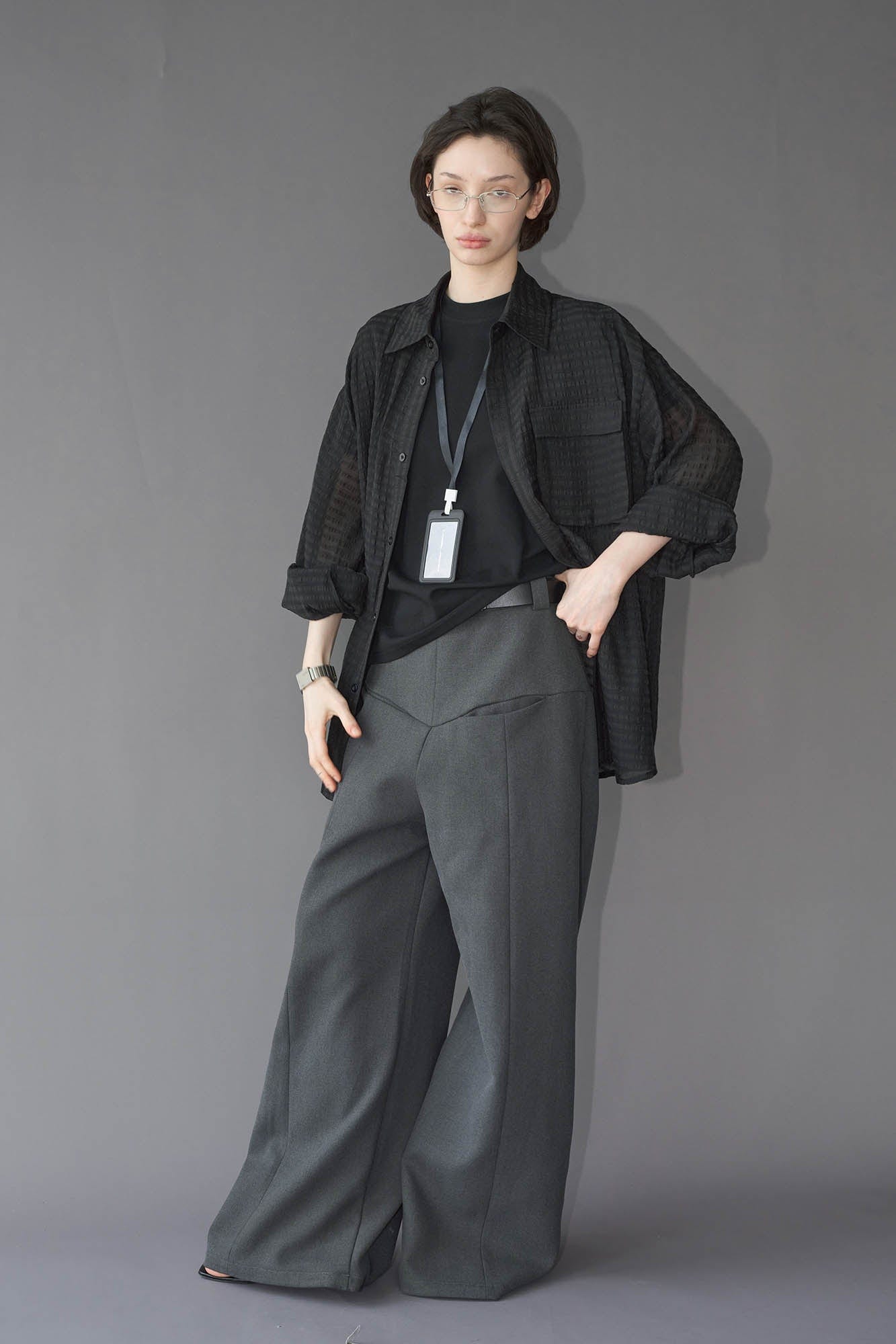49PERCENT Sheer Textured Grid Oversized Shirt