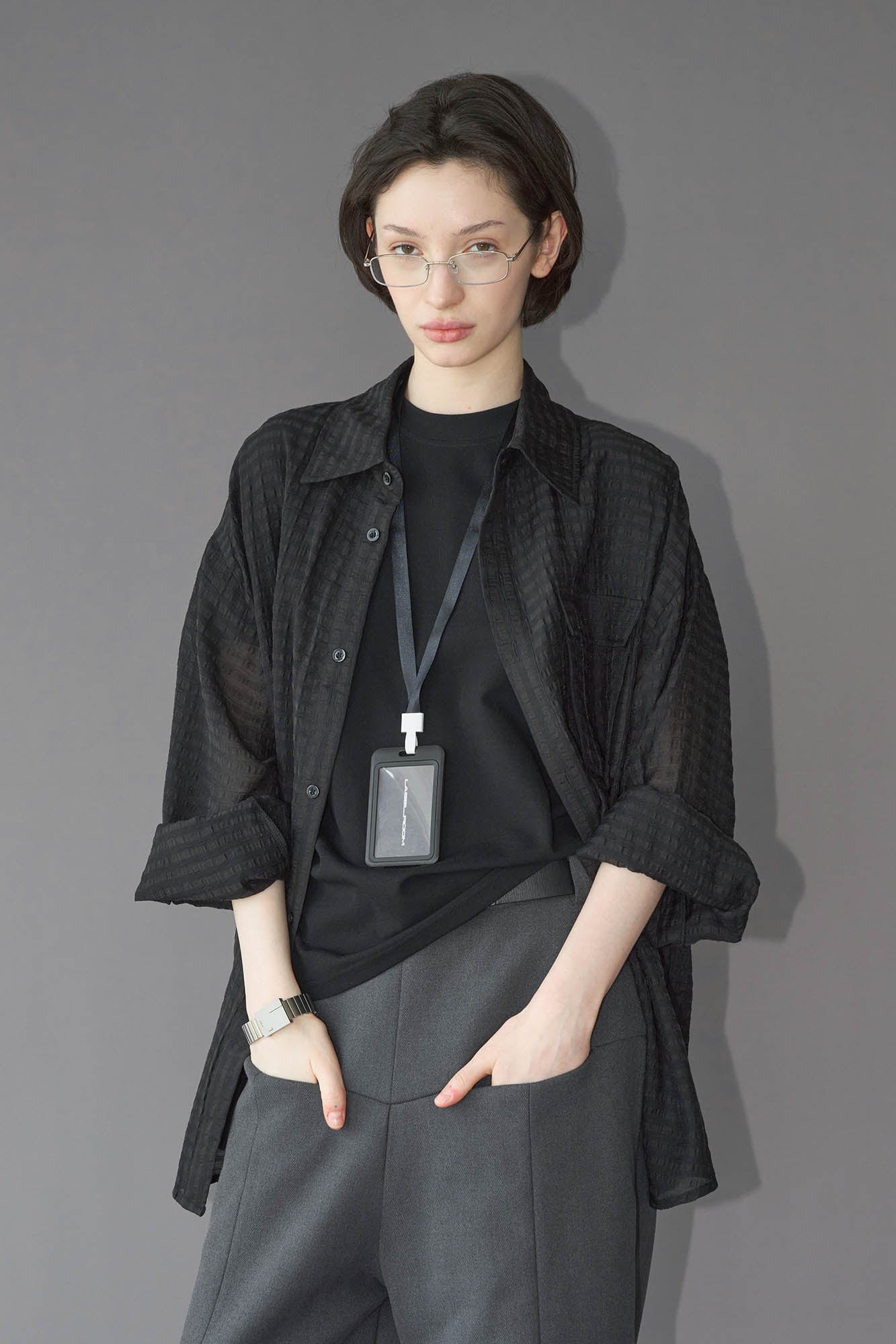 49PERCENT Sheer Textured Grid Oversized Shirt