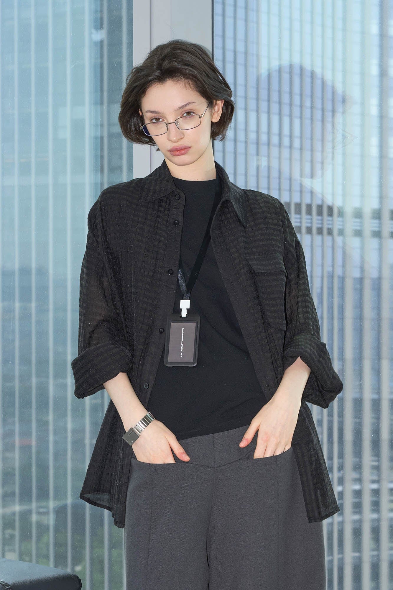 49PERCENT Sheer Textured Grid Oversized Shirt