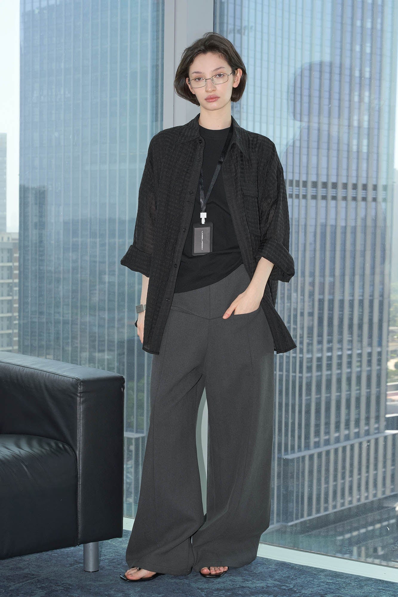 49PERCENT Sheer Textured Grid Oversized Shirt