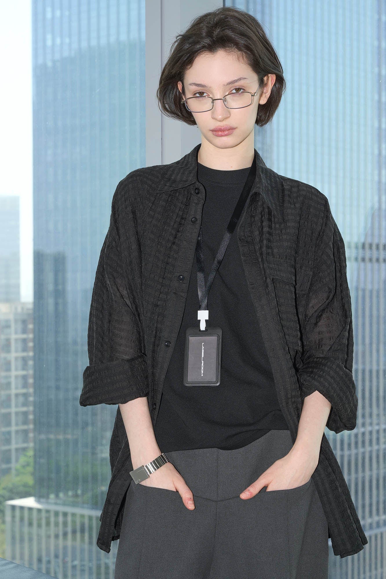 49PERCENT Sheer Textured Grid Oversized Shirt