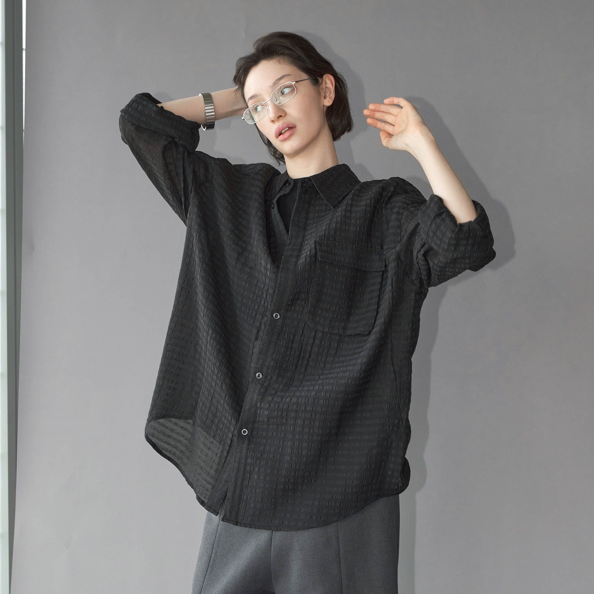 49PERCENT Sheer Textured Grid Oversized Shirt