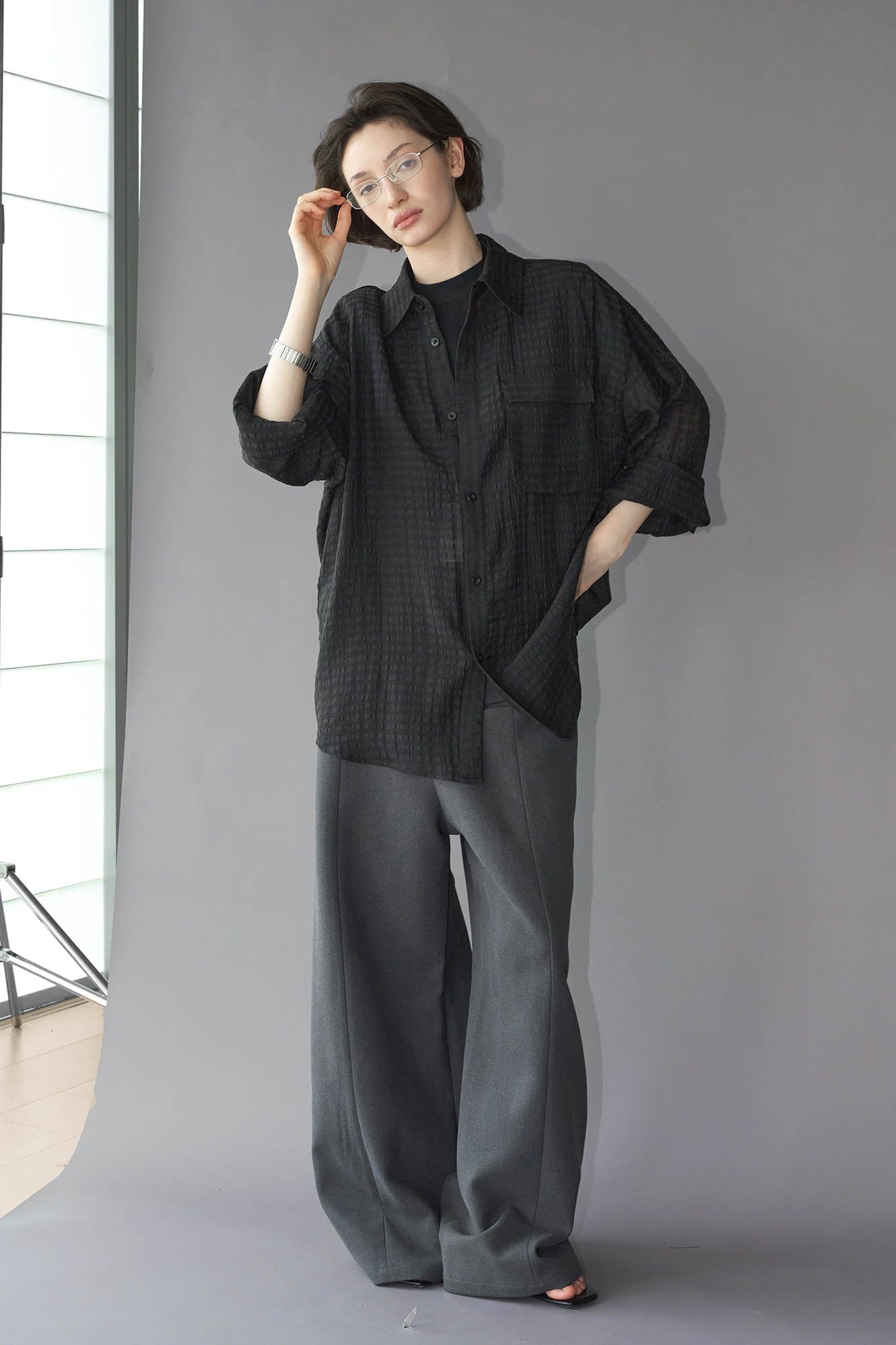 49PERCENT Sheer Textured Grid Oversized Shirt