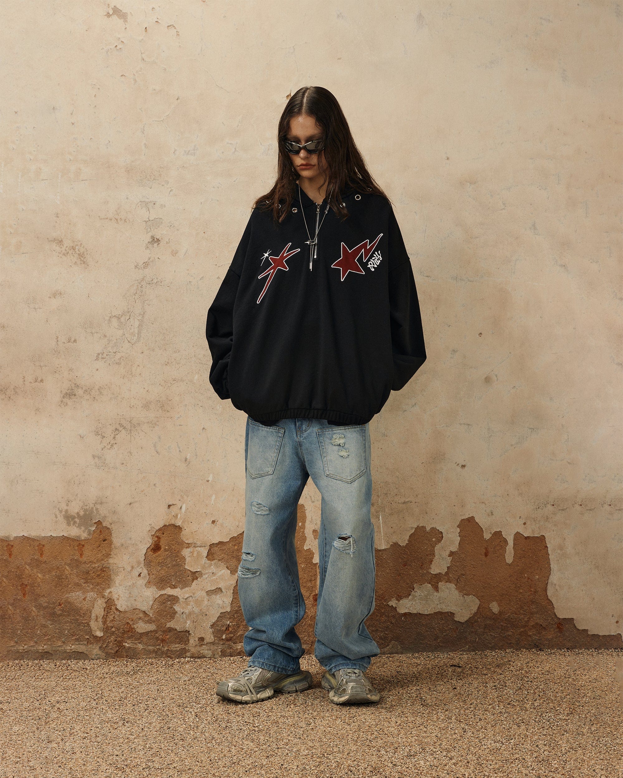 OVDY Star Embroidery Punk Zip-Up Hoodie