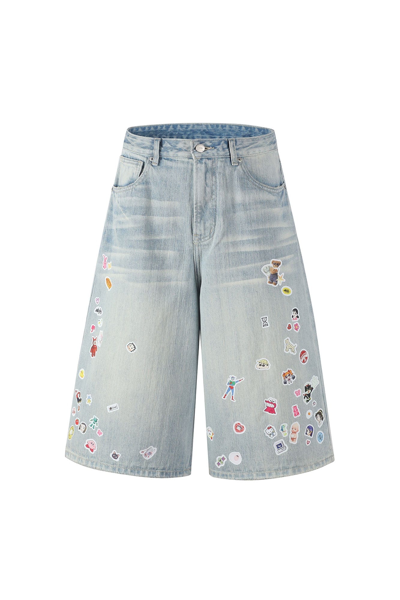 MAKEMORE Anime Sticker Washed Denim Shorts