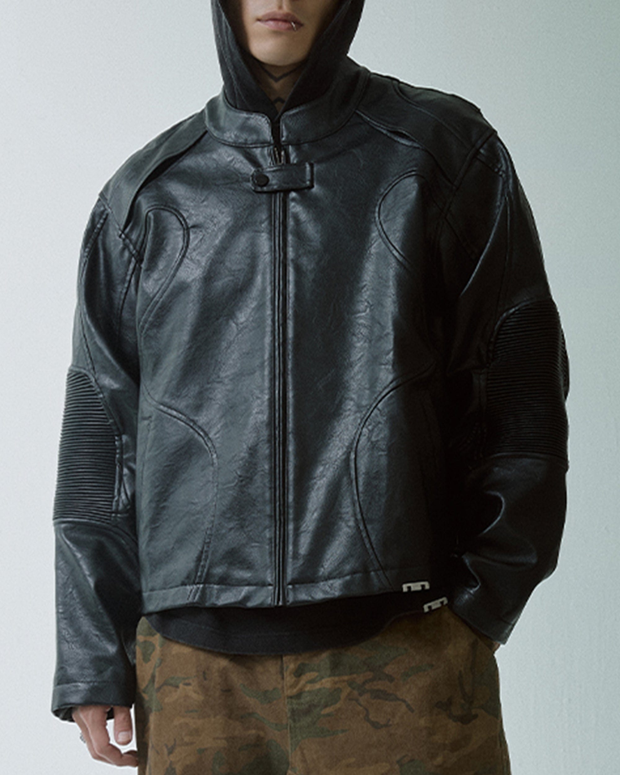 F2CE Modern Deconstructed Faux Leather Biker Jacket Black