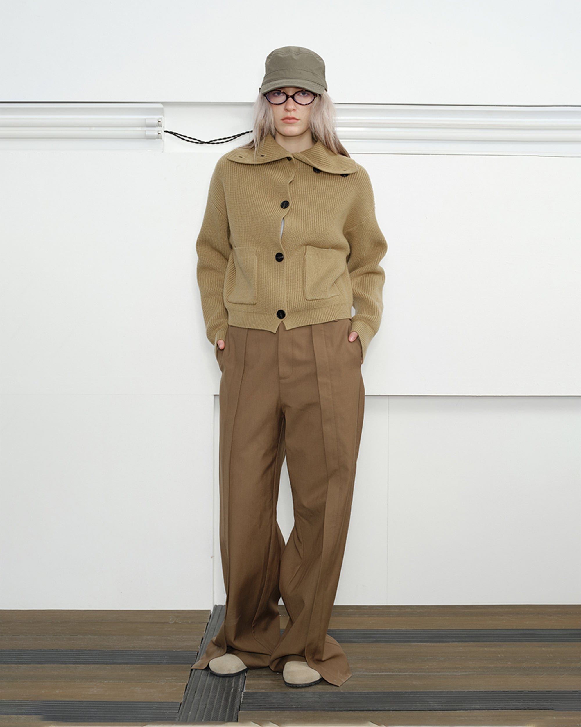KREATE High-Collar Big-Pocket Button-Up Knitted Jacket